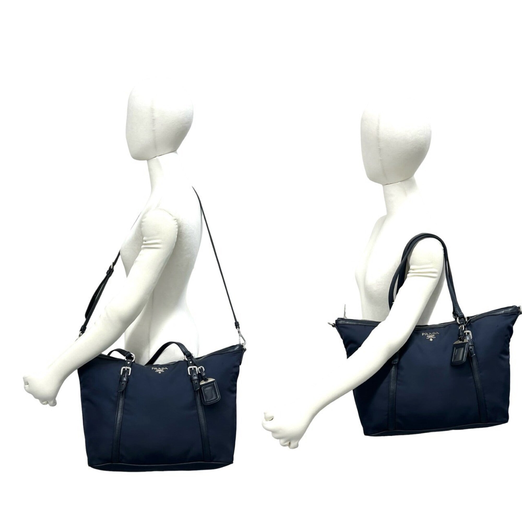 Prada Black Navy Nylon Leather Boston Bag Shoulder Bag Tote Bag (Pre-Owned)