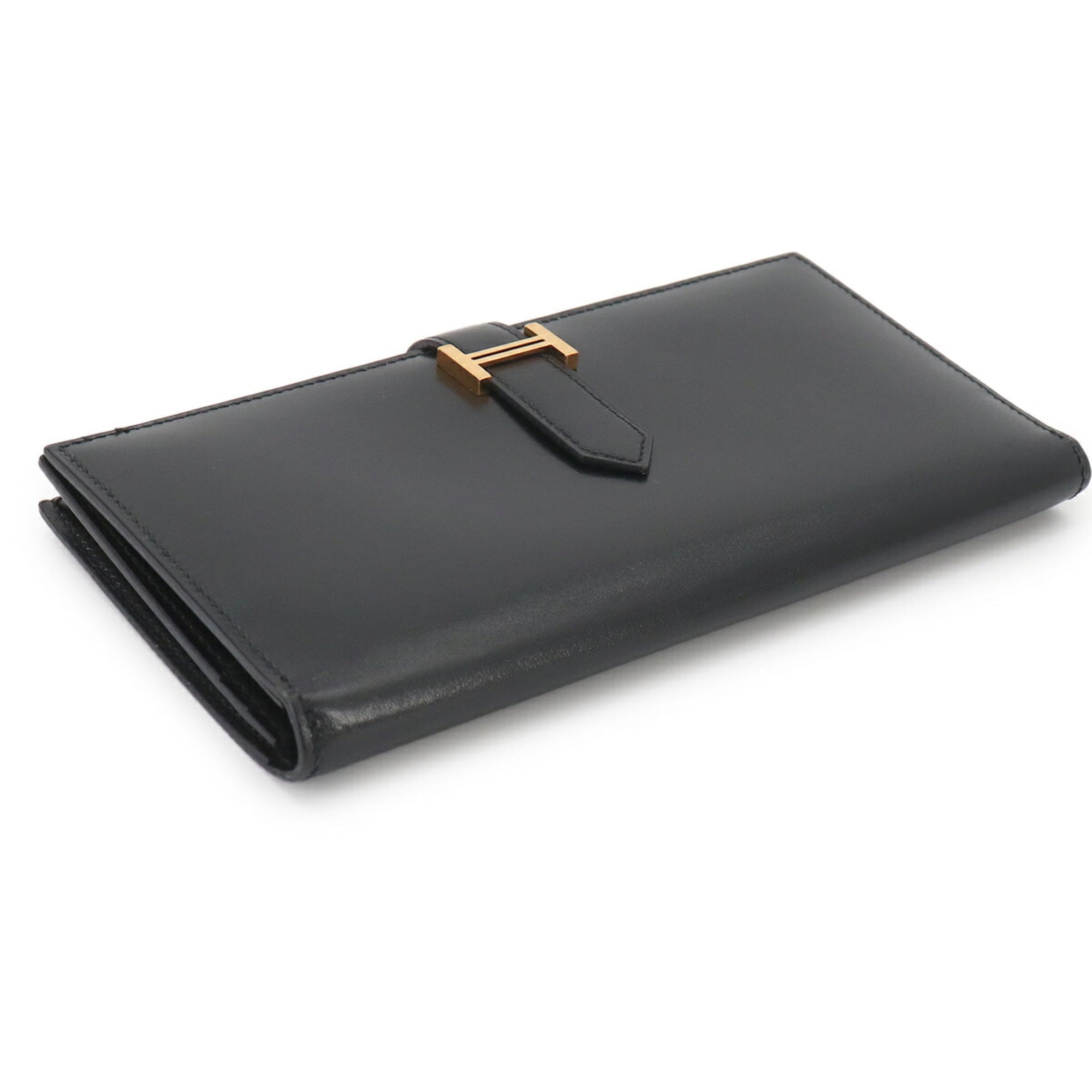 Hermes Black Box Calf Leather Long Wallet (Bi-Fold) (Pre-Owned)