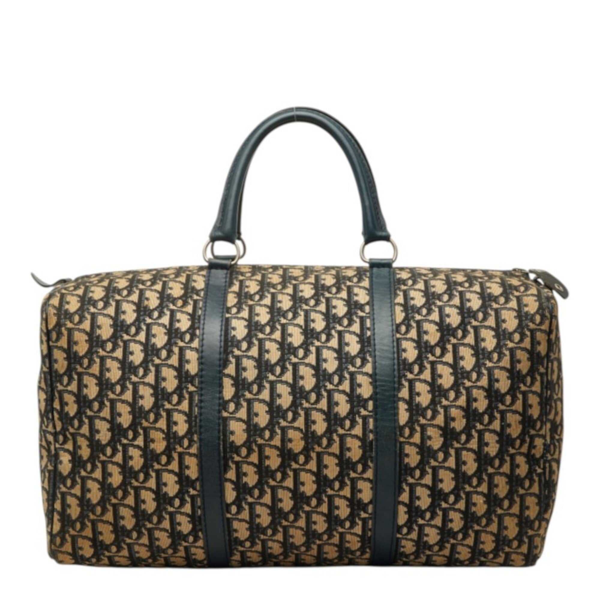 Christian Dior Beige Navy Canvas Leather Boston Bag Handbag (Pre-Owned)