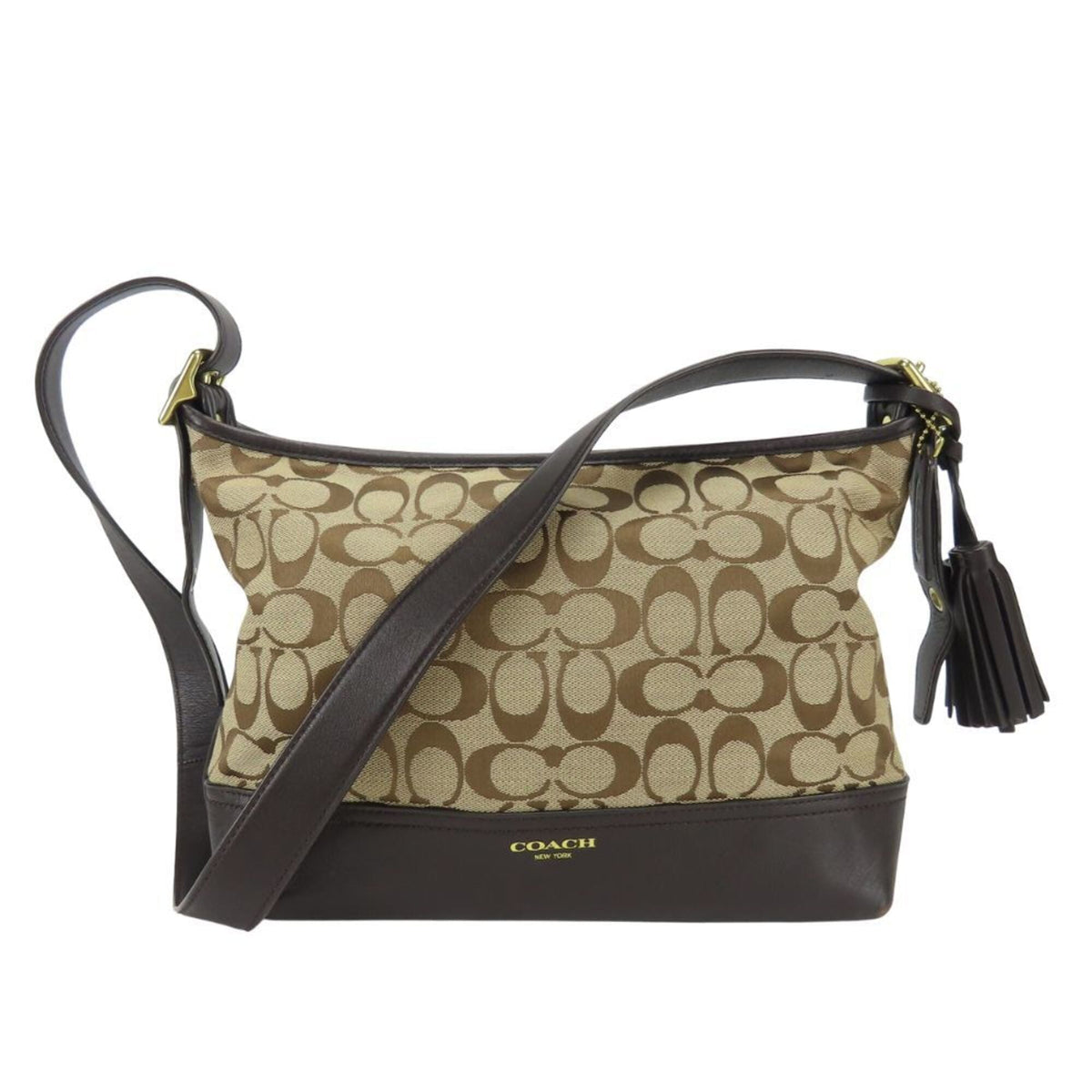 Coach Signature Beige Dark Brown Canvas Leather Shoulder Bag (Pre-Owned)