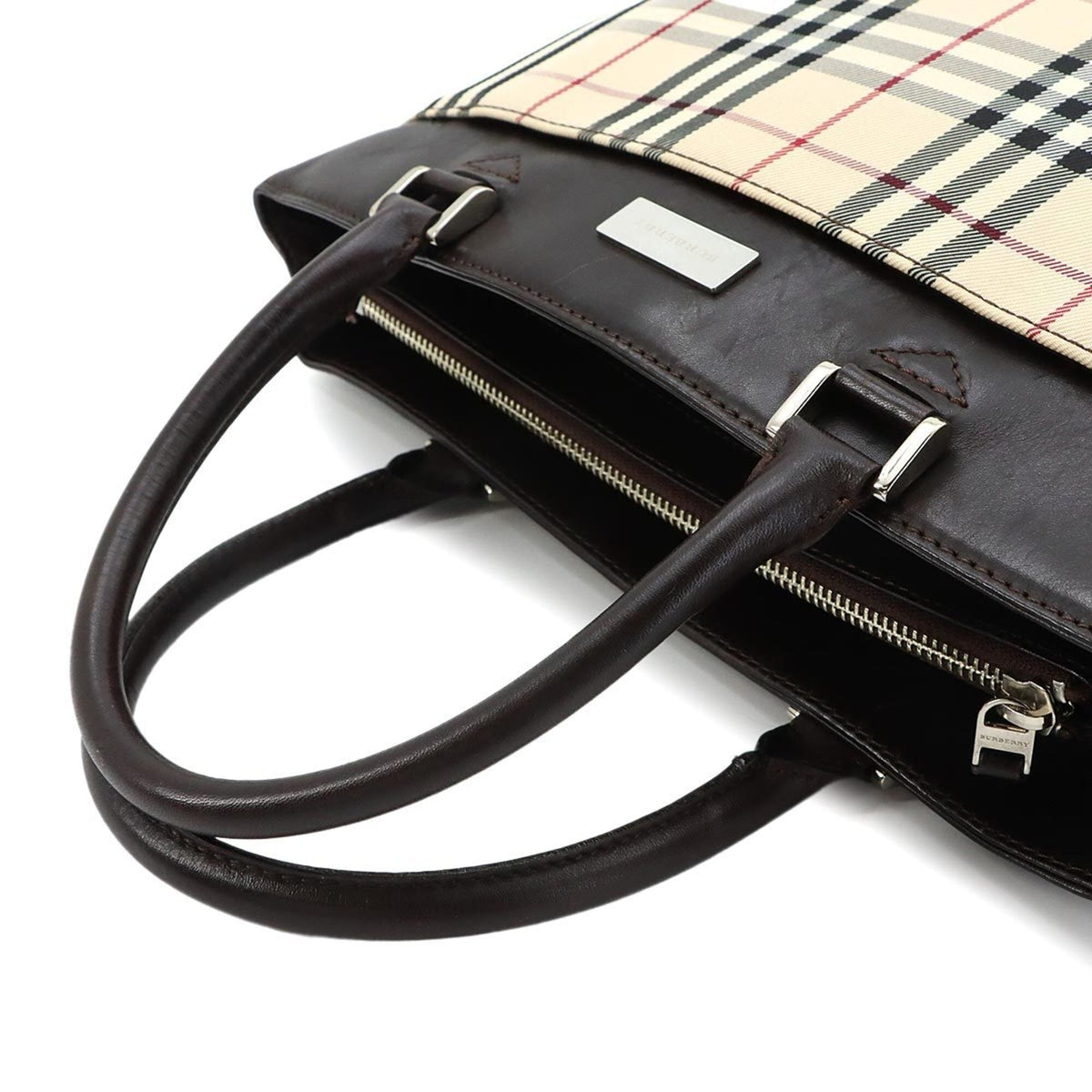 Burberry Beige Dark Brown Canvas Leather Handbag (Pre-Owned)