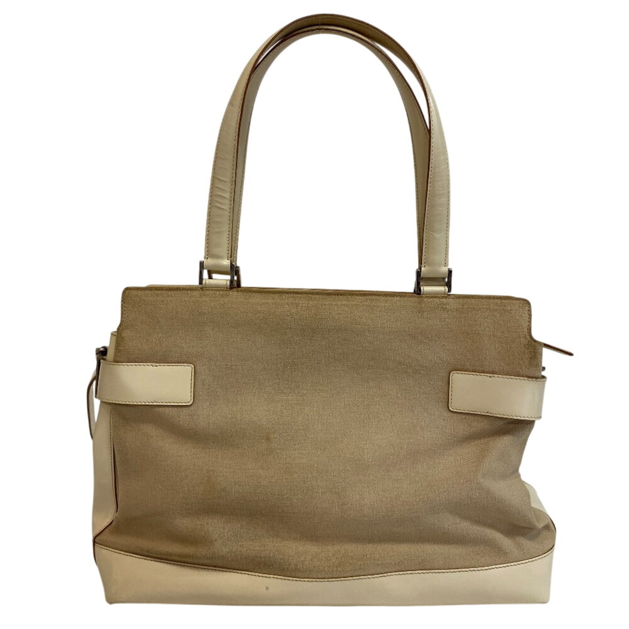 Salvatore Ferragamo Beige White Canvas Leather Handbag Shoulder Bag (Pre-Owned)