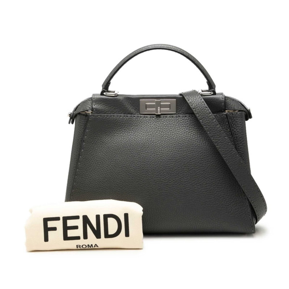Fendi Selleria Gray Leather Handbag Shoulder Bag (Pre-Owned)