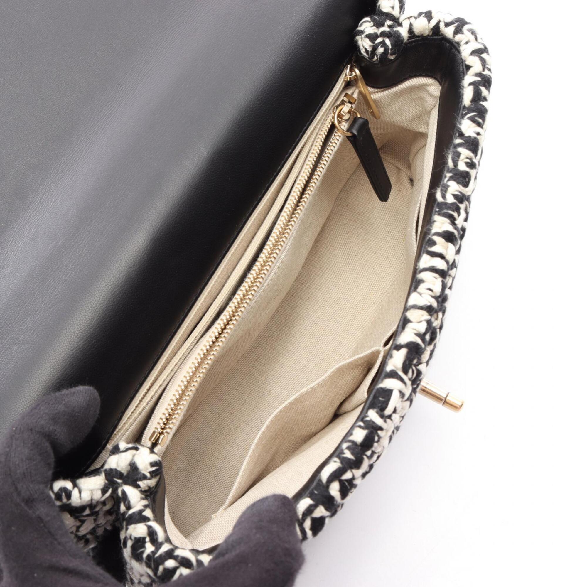 Chanel Black White Leather Fabric Handbag (Pre-Owned)