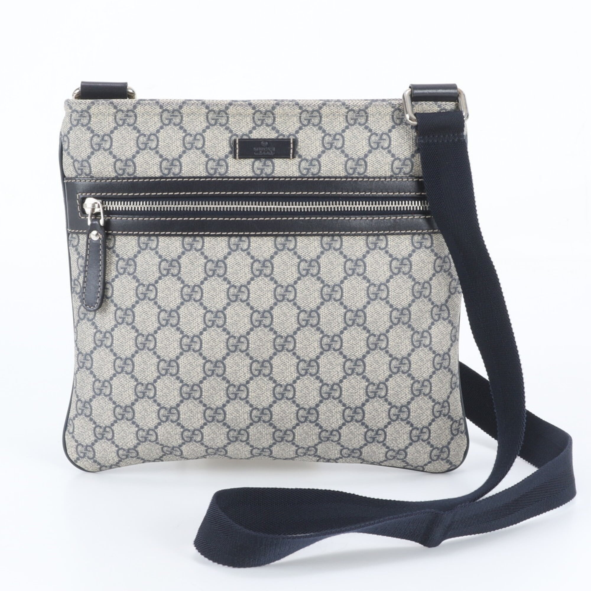 Gucci Gray Navy Leather Coated Canvas Messenger Bag Shoulder Bag (Pre-Owned)