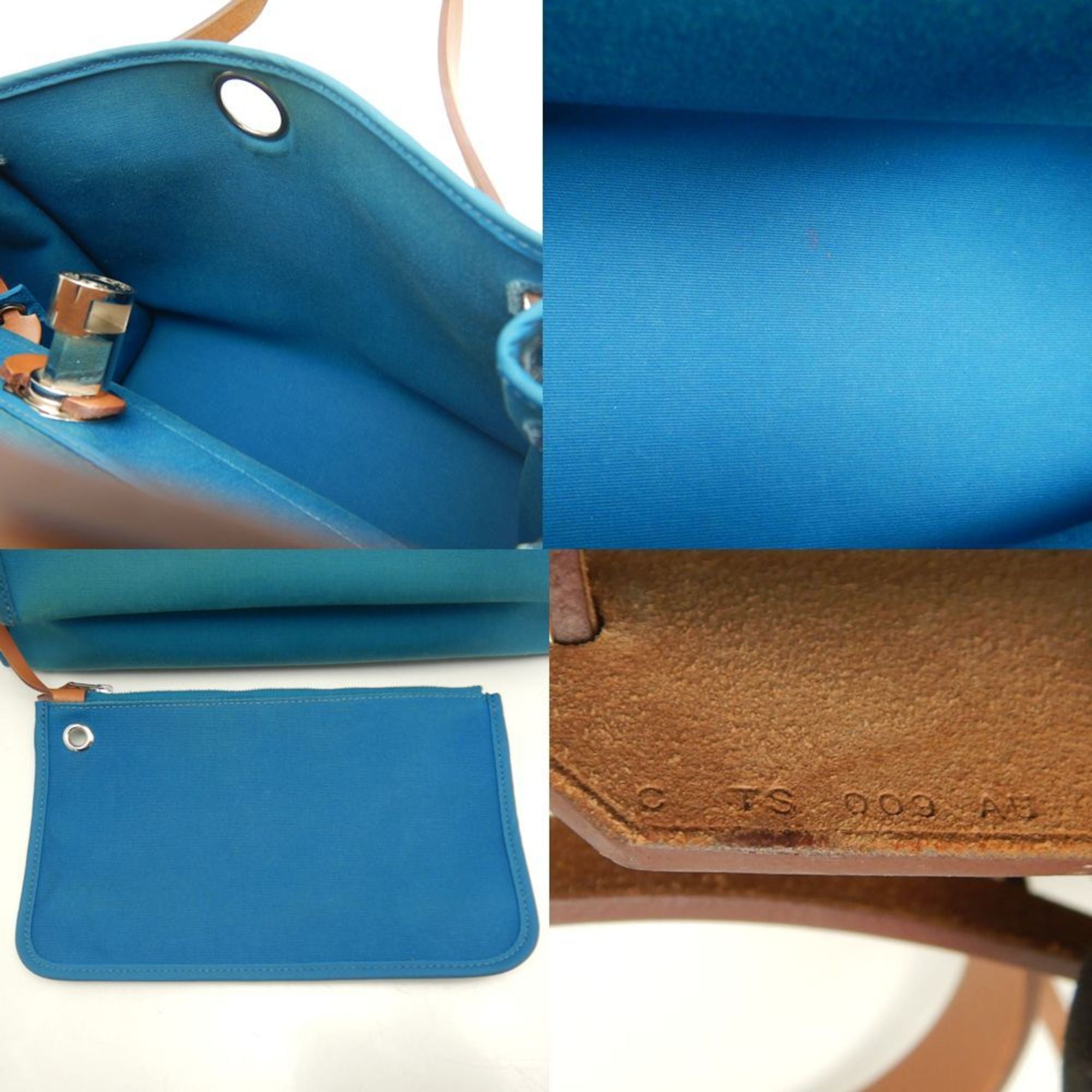 Hermes Her Bag Turquoise Blue Toile Officier Leather Handbag (Pre-Owned)