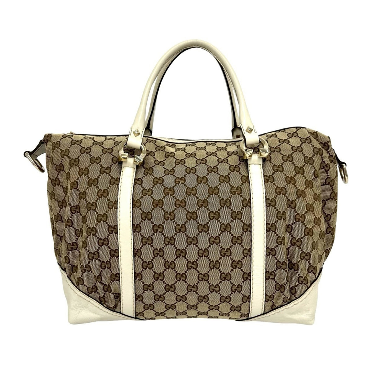 Gucci Brown White Canvas Leather Boston Bag Handbag (Pre-Owned)