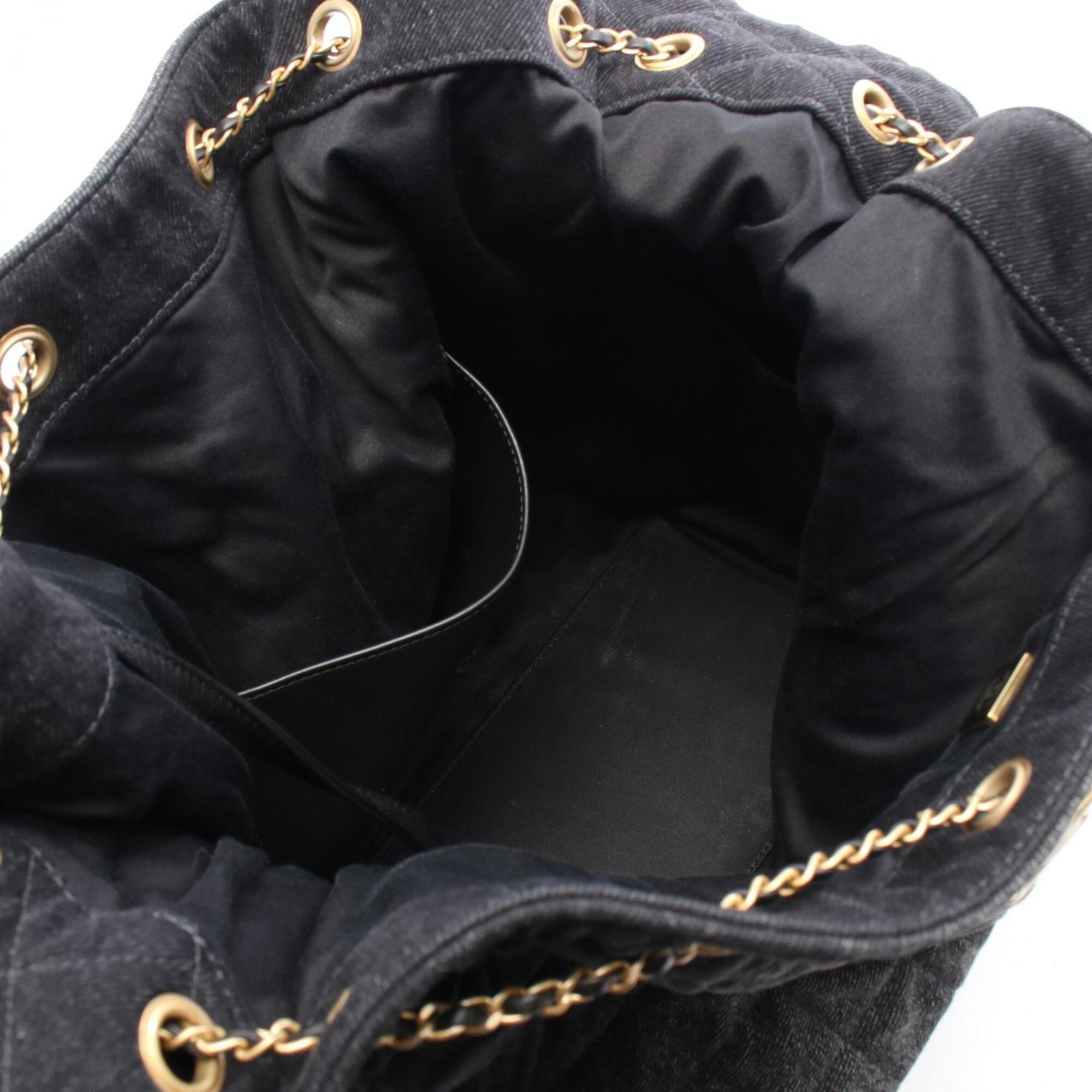 Chanel Black Denim Leather Handbag Shopping Bag Shoulder Bag (Pre-Owned)