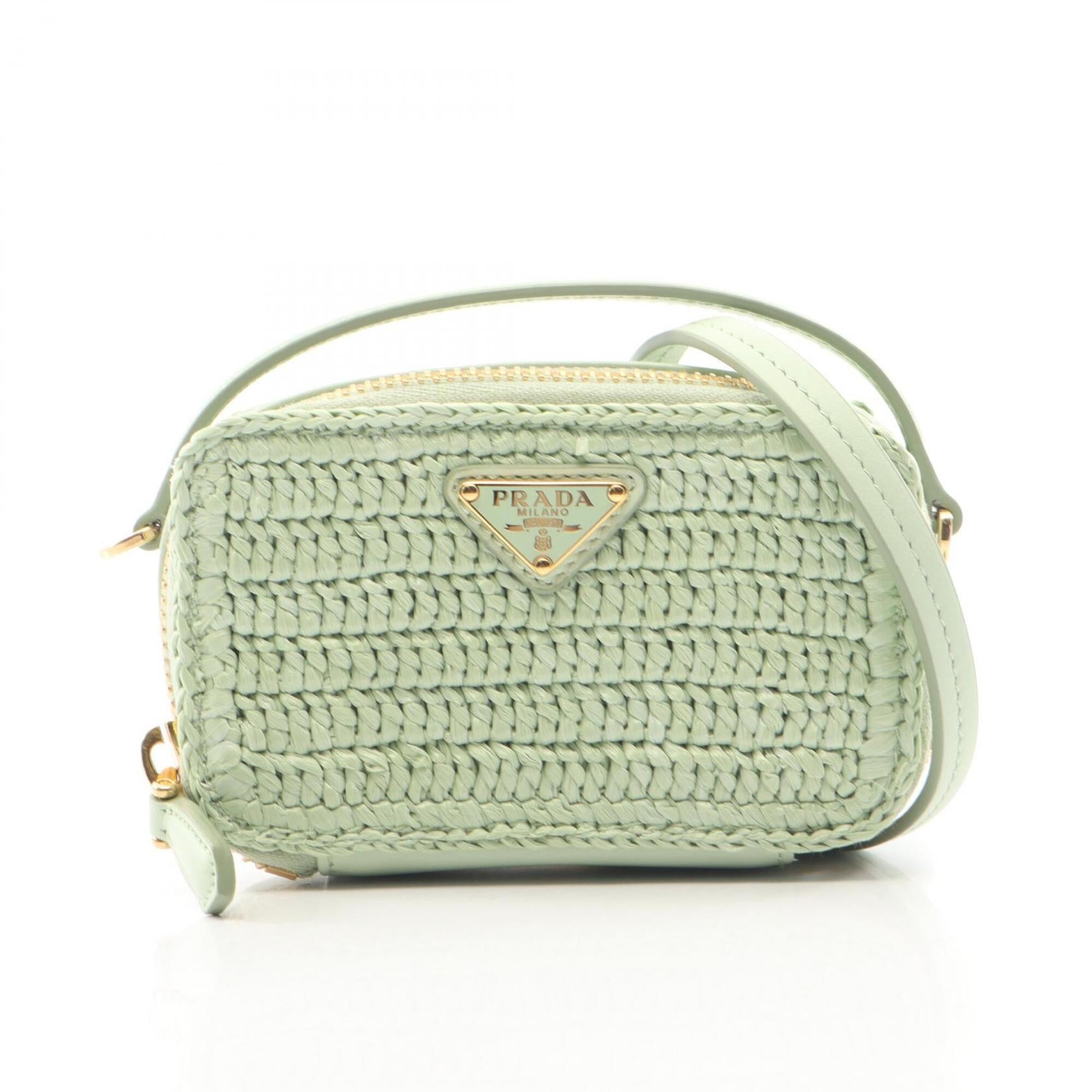 Prada Green Leather Raffia Pouch Shoulder Bag (Pre-Owned)