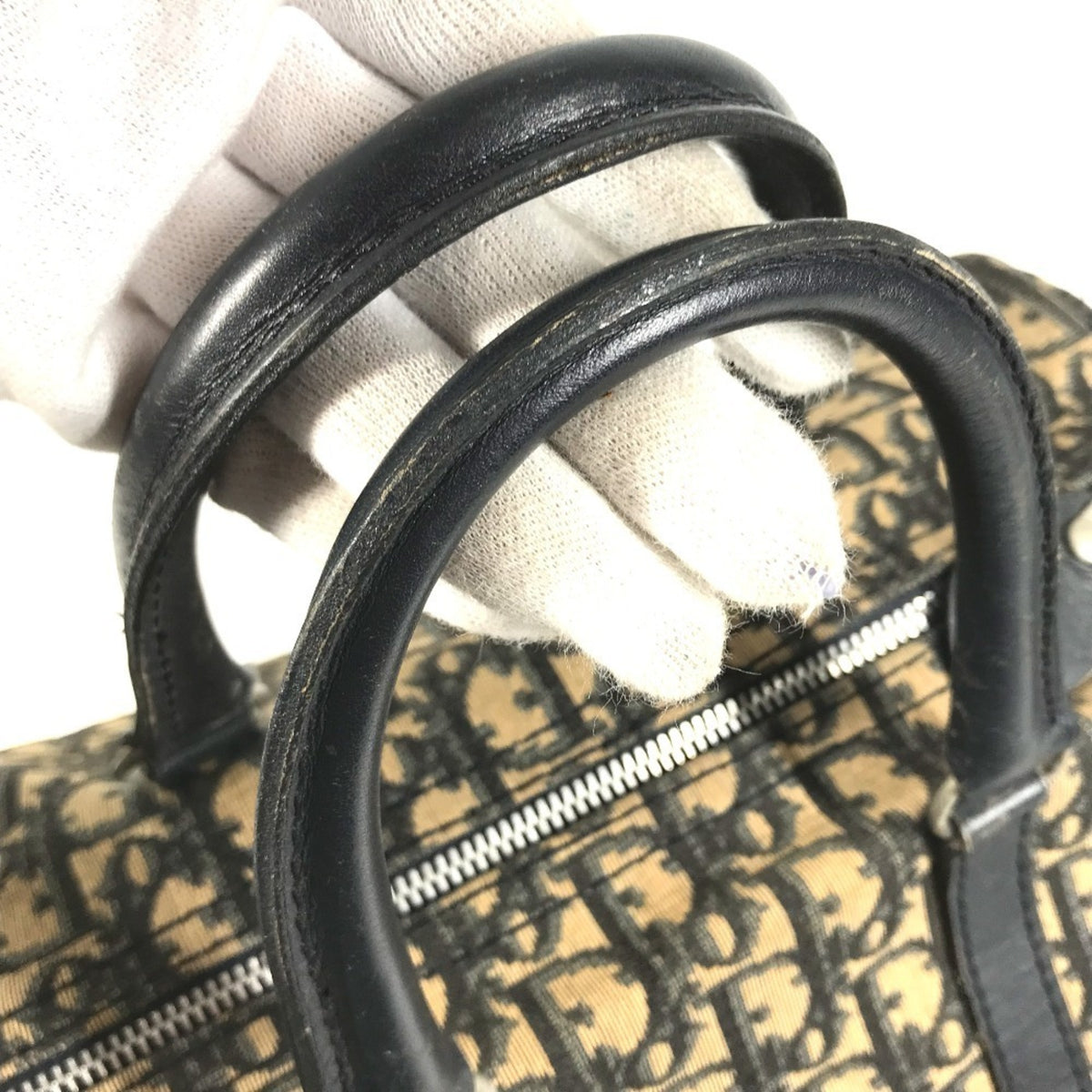 Christian Dior Navy Leather Canvas Boston Bag Handbag (Pre-Owned)