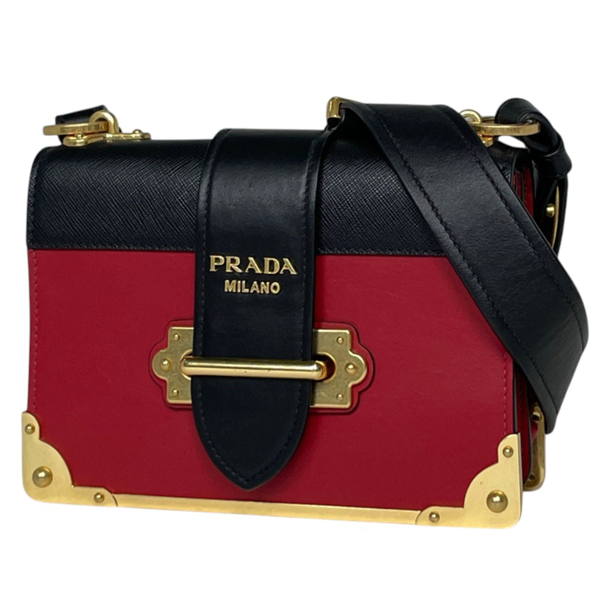 Prada Black Red Color Leather Shoulder Bag (Pre-Owned)