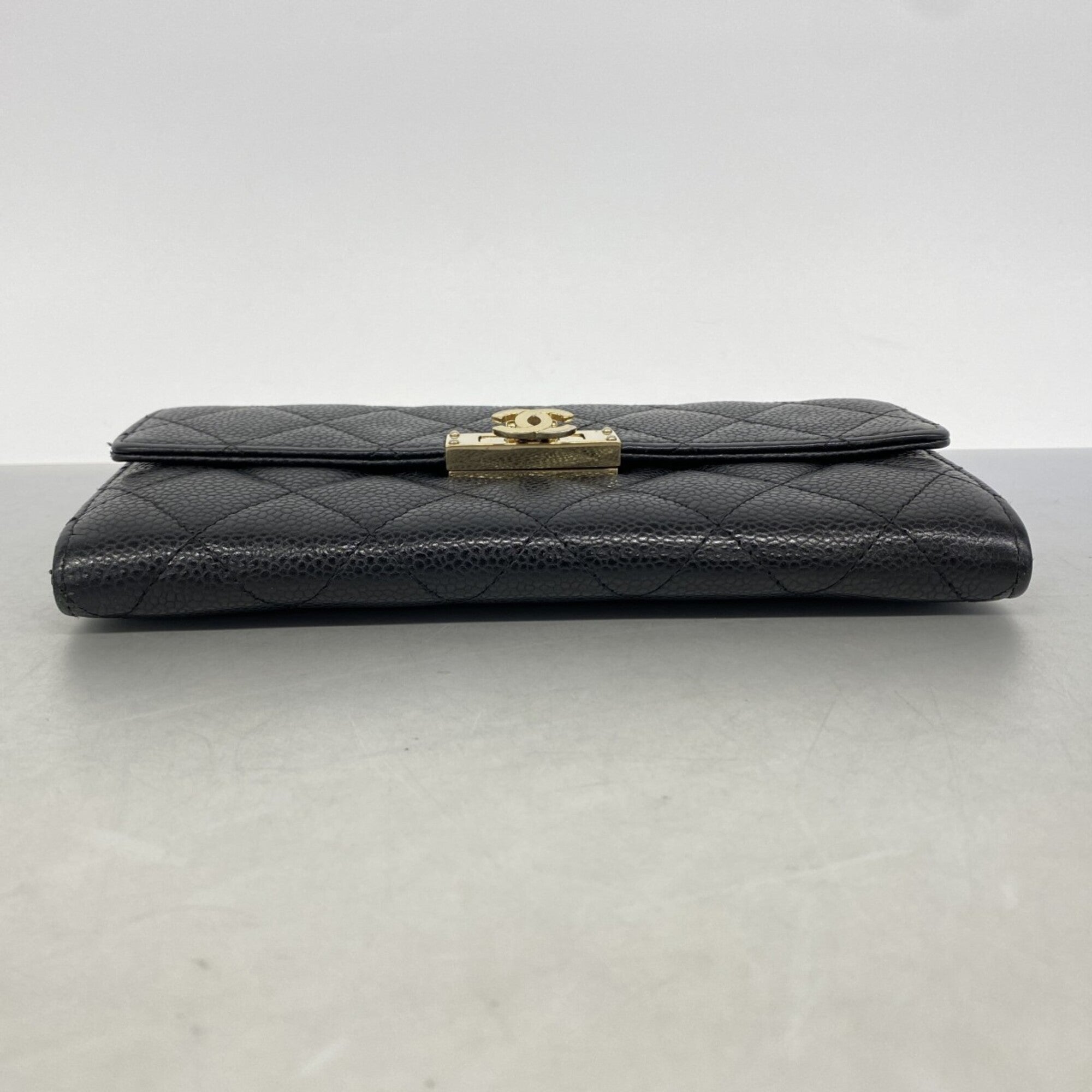 Chanel Black Grained Calfskin Long Wallet (Bi-Fold) (Pre-Owned)
