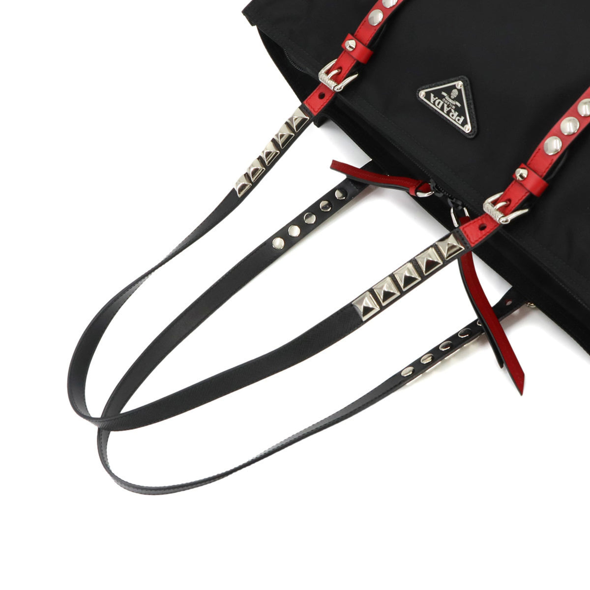 Prada Black Red Color Nylon Saffiano Handbag Shoulder Bag Tote Bag (Pre-Owned)