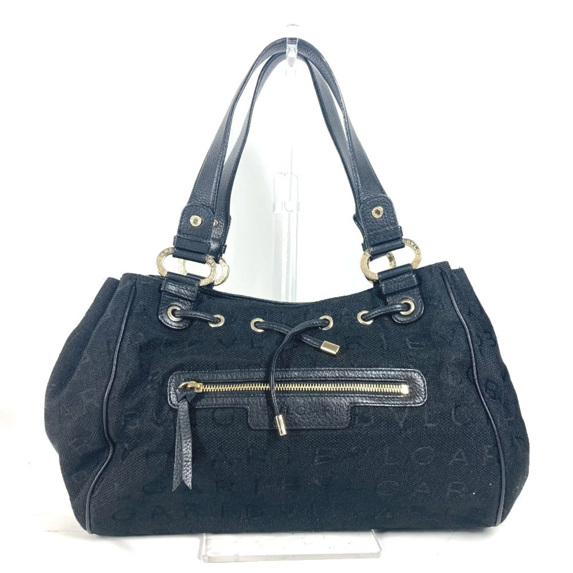 Bvlgari Black Leather Canvas Shoulder Bag Tote Bag (Pre-Owned)