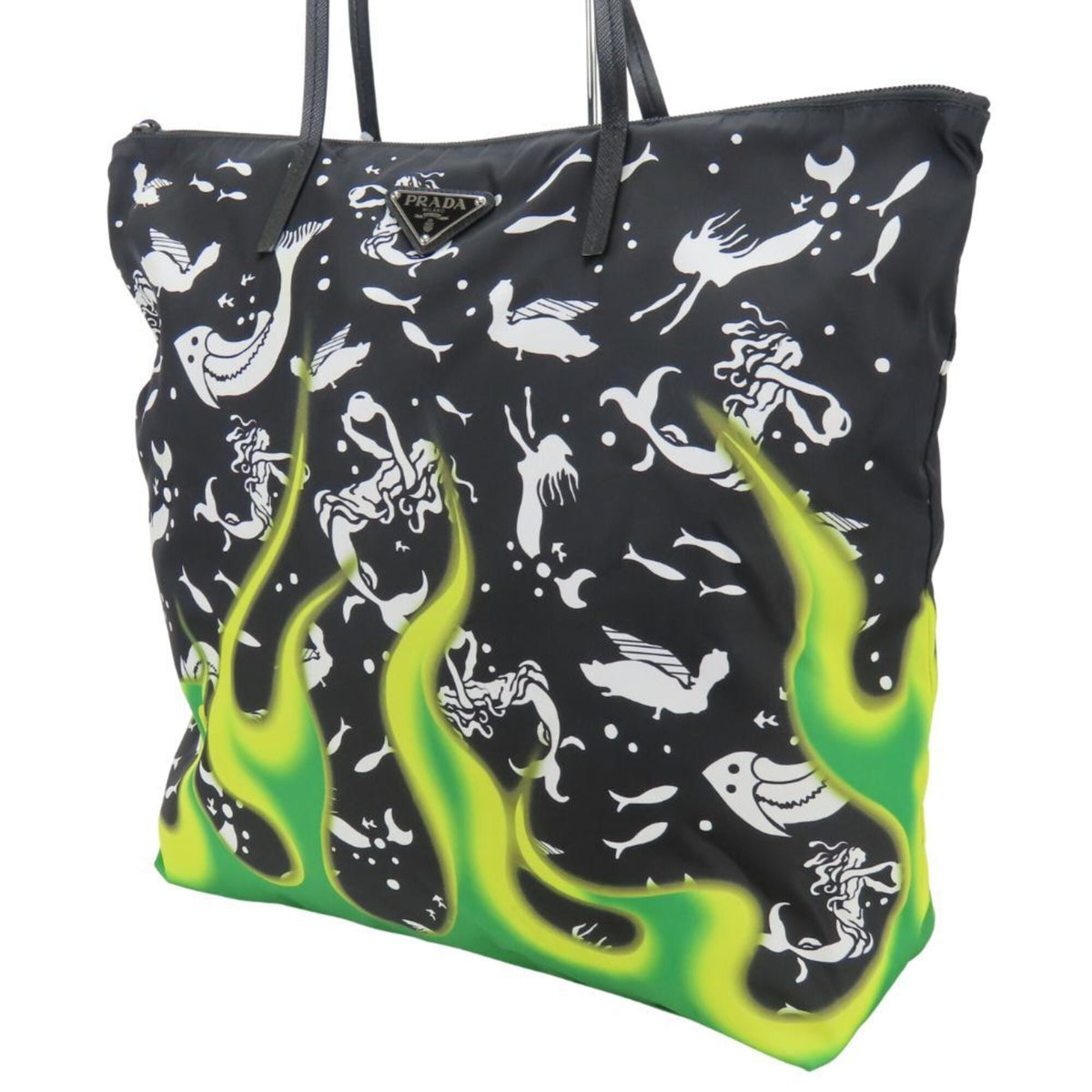 Prada Black Green Nylon Leather Tote Bag (Pre-Owned)