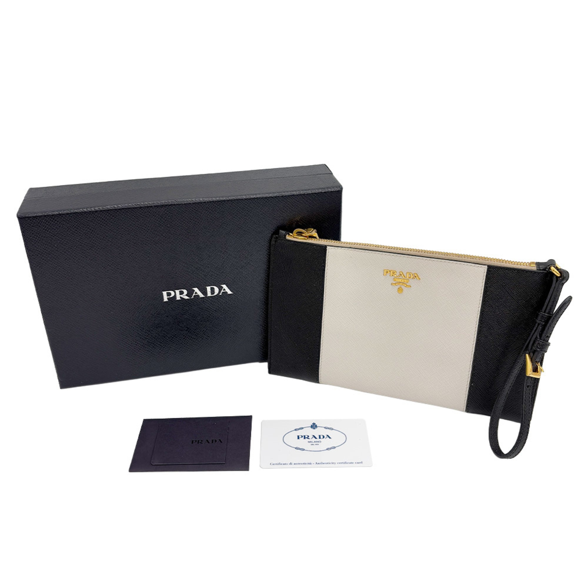 Prada Black White Leather Clutch Bag Handbag Pouch (Pre-Owned)