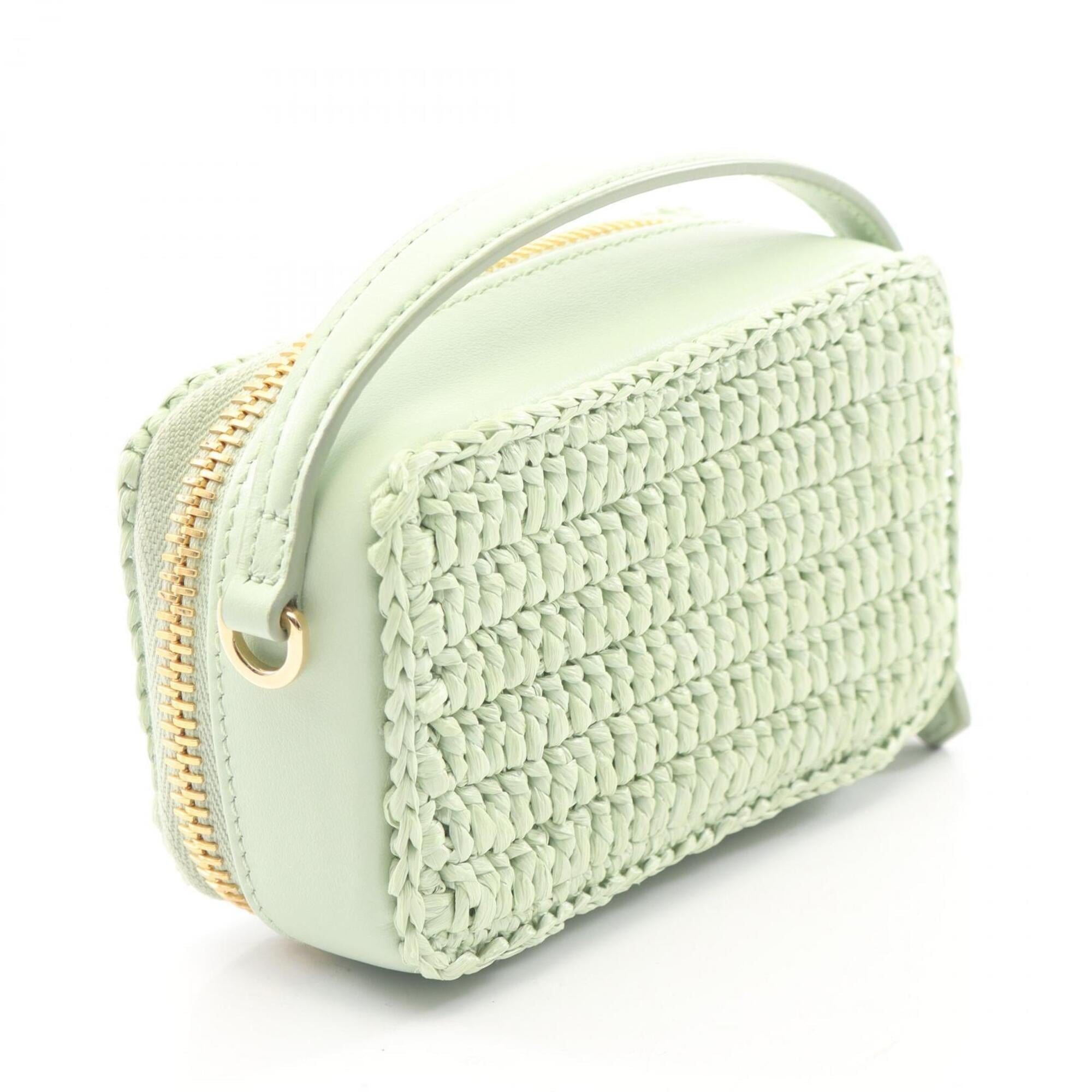 Prada Green Leather Raffia Pouch Shoulder Bag (Pre-Owned)