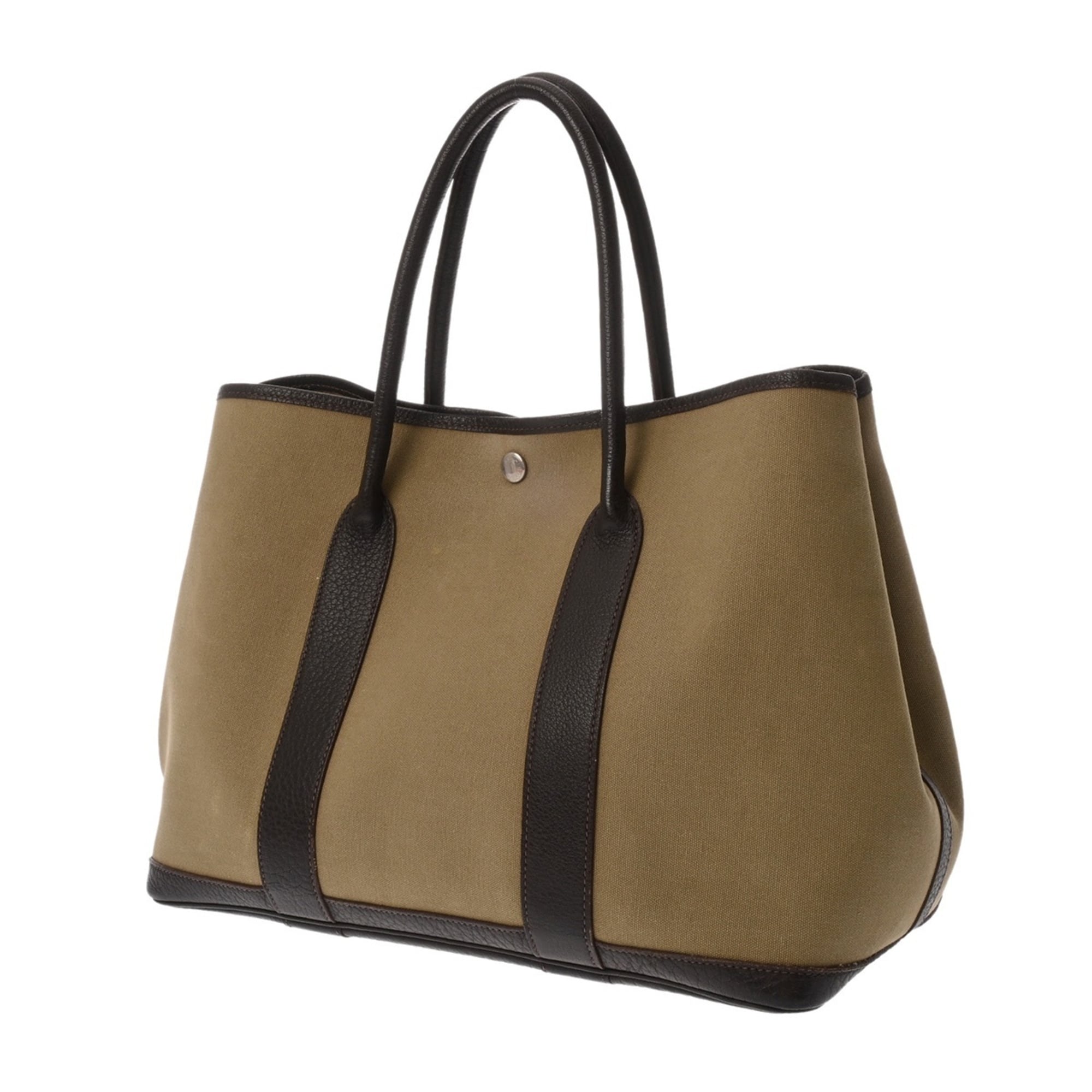 Hermes Garden Khaki Brown Toile Officier Leather Handbag (Pre-Owned)