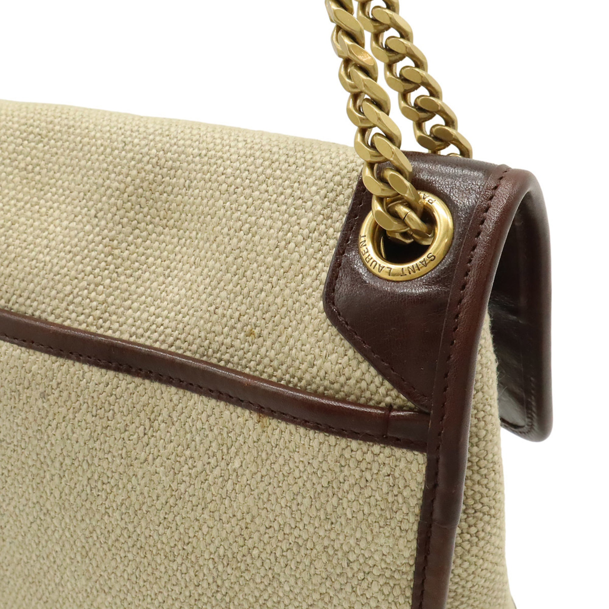 Yves Saint Laurent Beige Dark Brown Linen Leather Shoulder Bag (Pre-Owned)