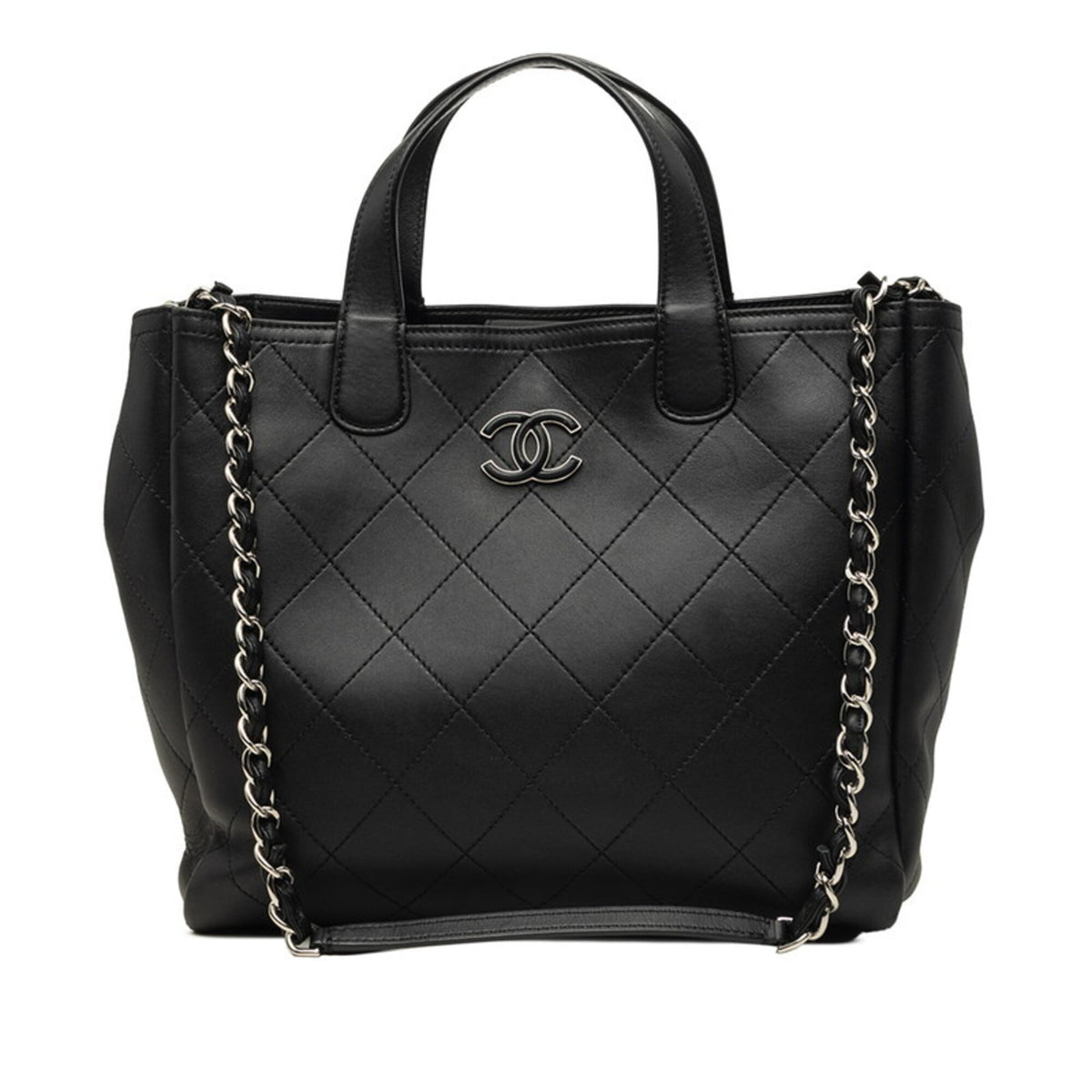 Chanel Wild Stitch Black Leather Shoulder Bag Tote Bag (Pre-Owned)