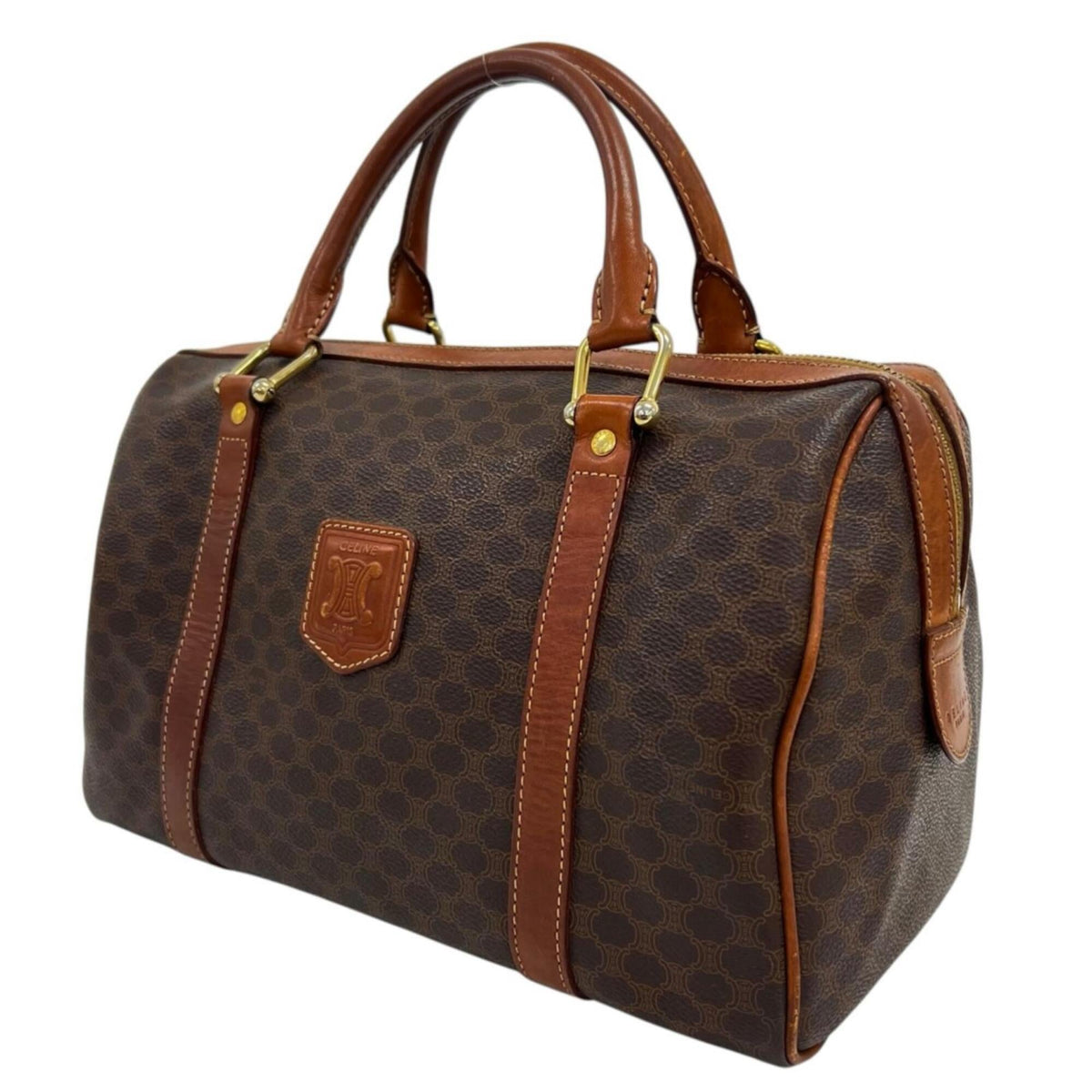 Celine Brown Coated Canvas Leather Boston Bag Handbag (Pre-Owned)