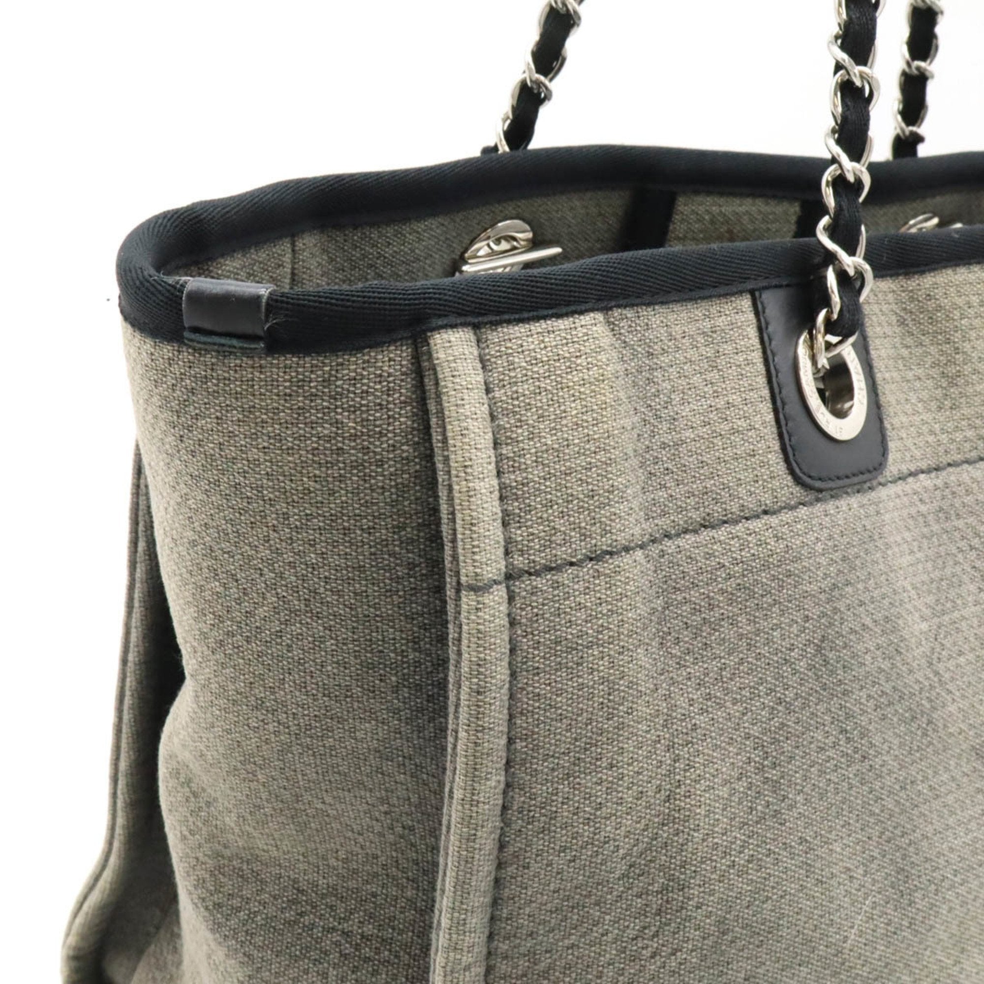 Chanel Black Gray Canvas Leather Shoulder Bag Tote Bag (Pre-Owned)