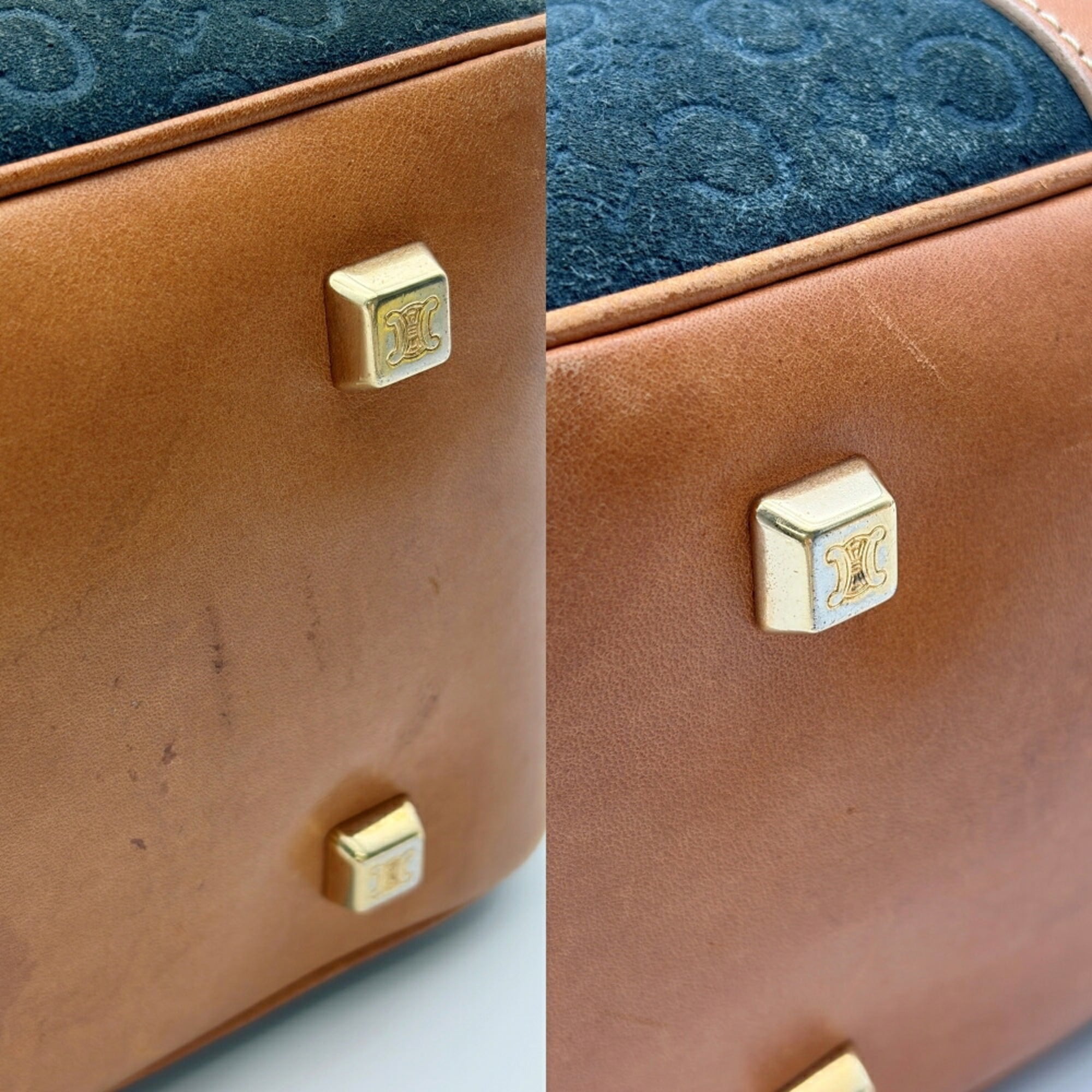 Celine Macadam Brown Navy Suede Leather Boston Bag (Pre-Owned)