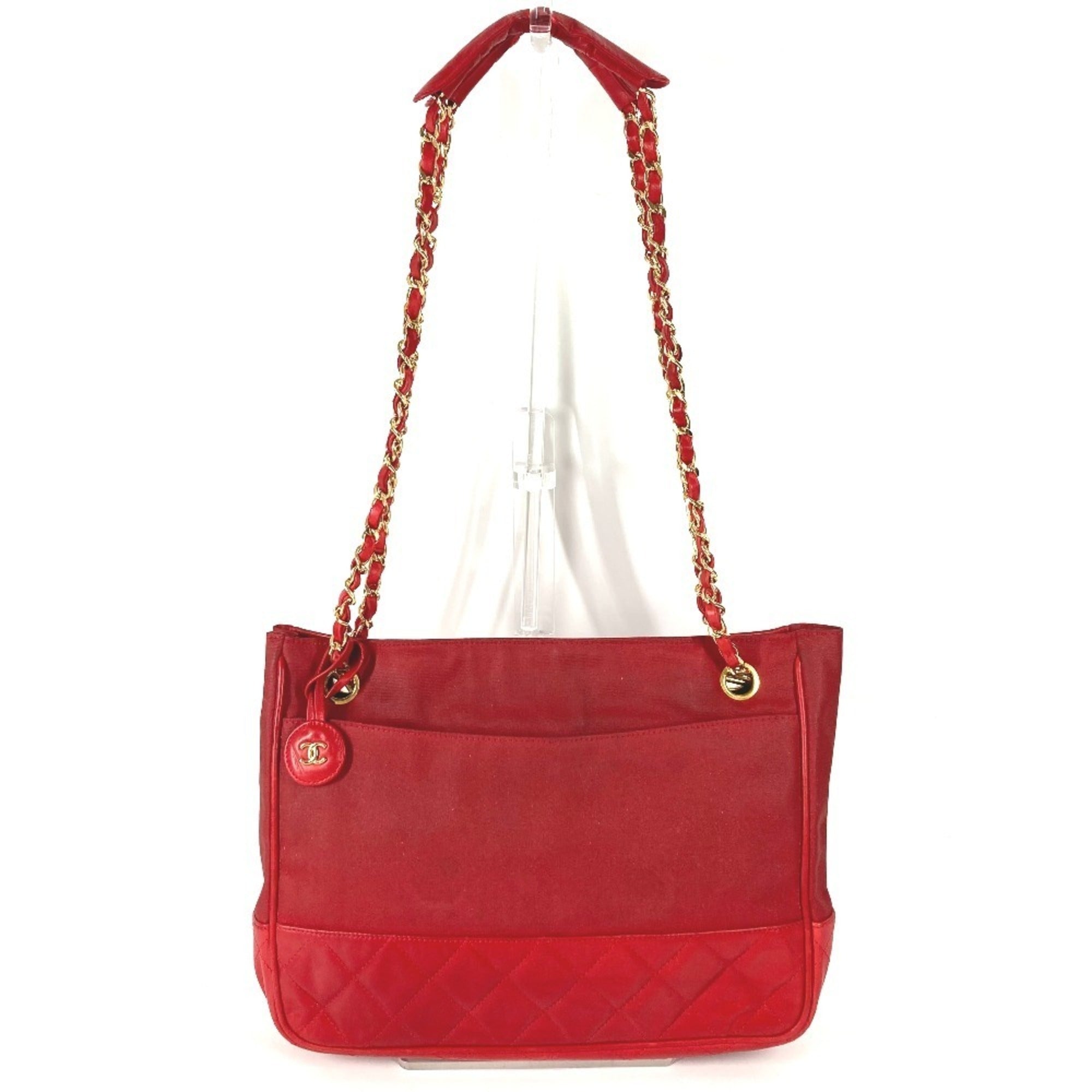 Chanel Red Color Leather Coated Canvas Shoulder Bag Tote Bag (Pre-Owned)