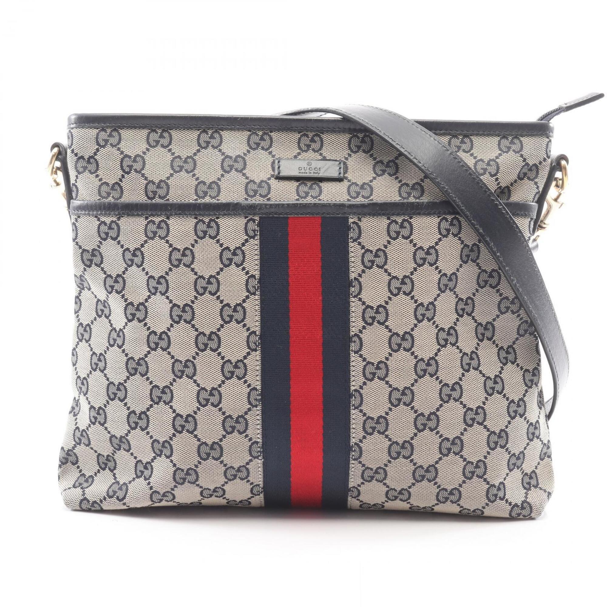 Gucci Beige Navy Canvas Leather Handbag Shoulder Bag (Pre-Owned)