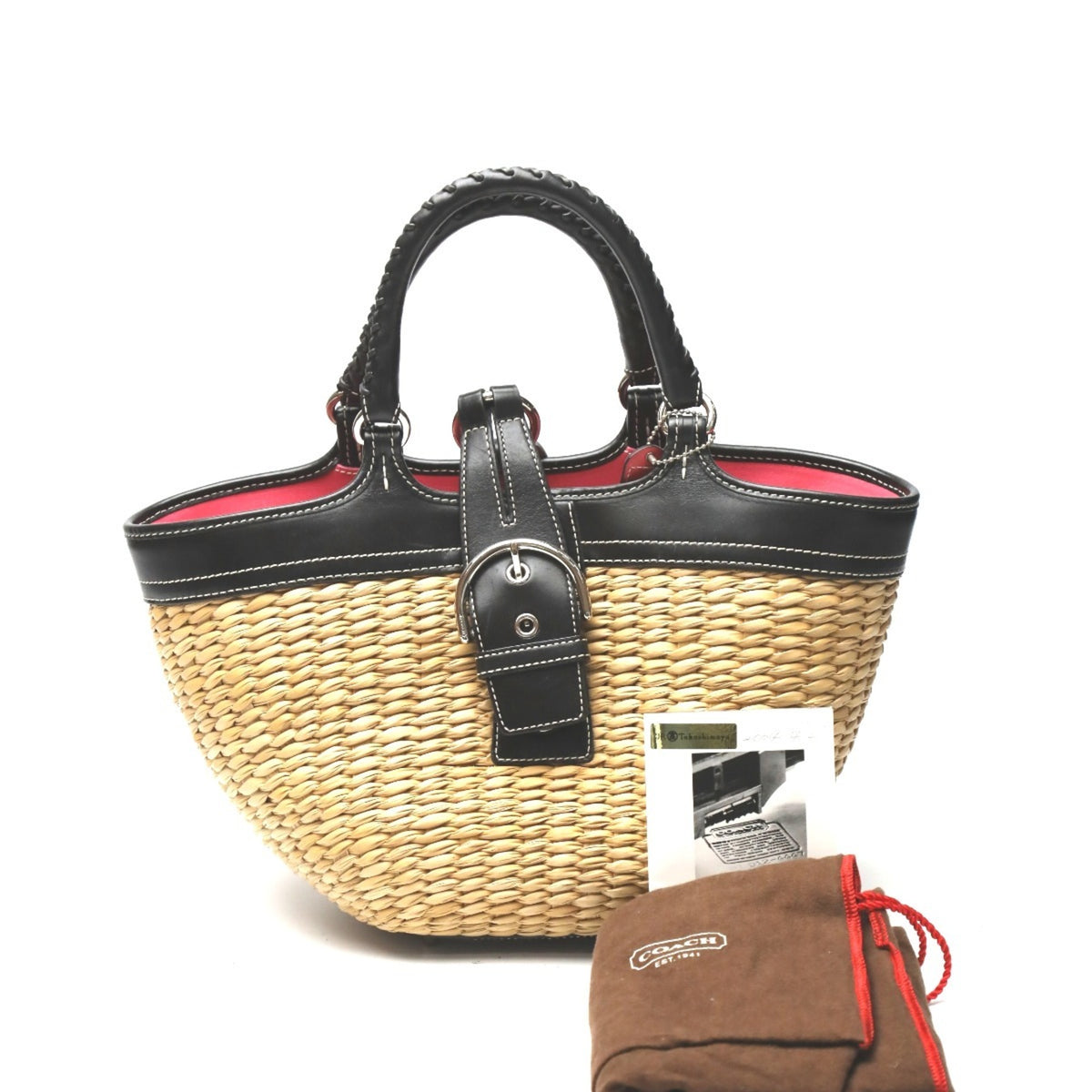 Coach Black Brown Straw Leather Handbag Tote Bag (Pre-Owned)