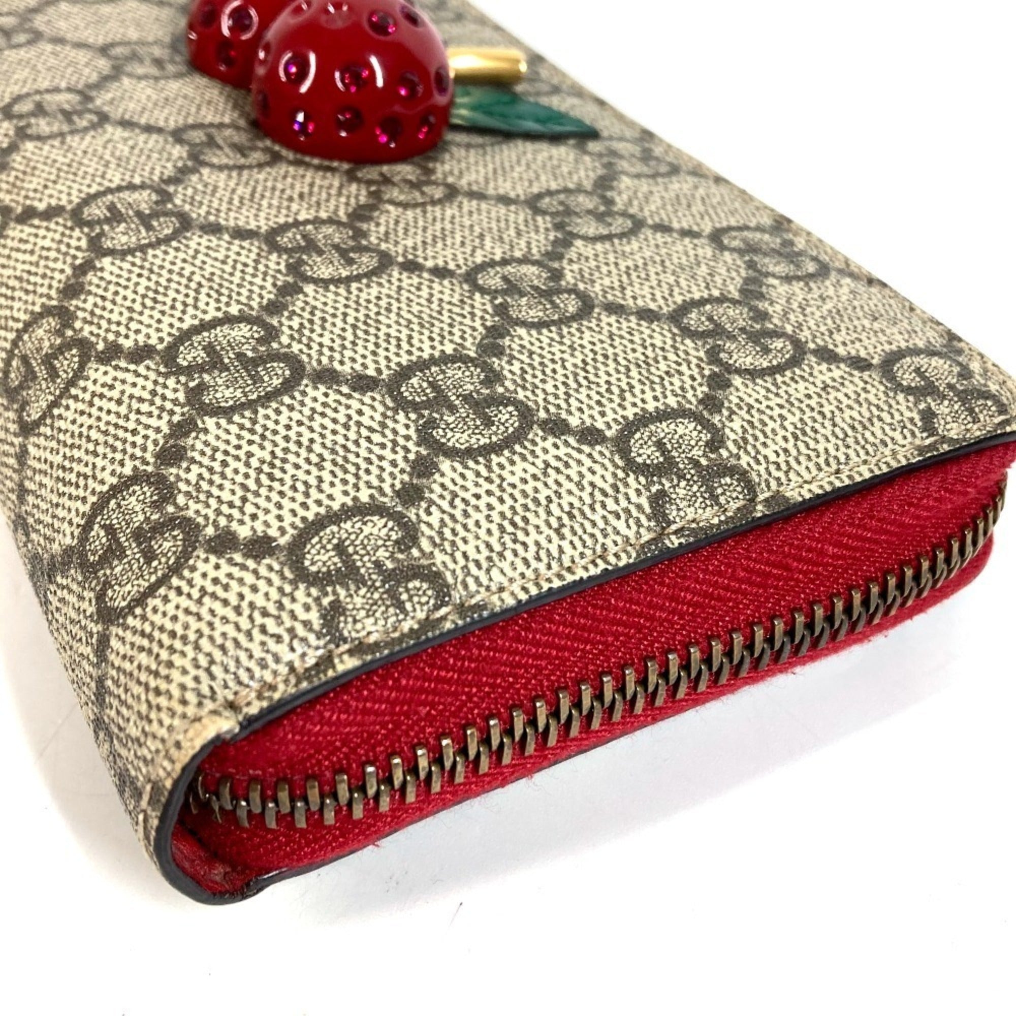 Gucci Gg Supreme Beige Red Color Gg Supreme Leather Long Wallet (Bi-Fold) (Pre-Owned)