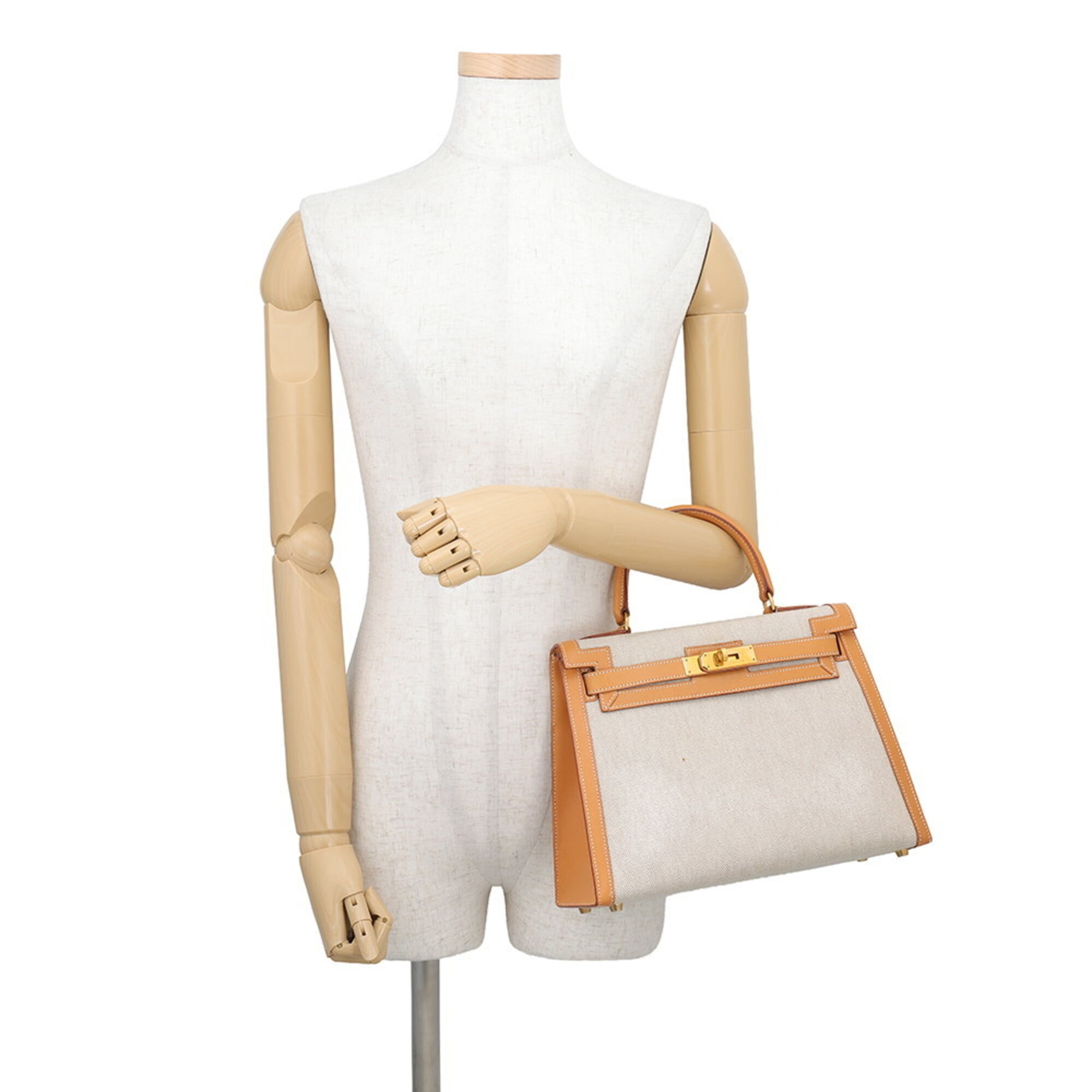 Hermes Kelly Natural Toile H Box Calf Leather Handbag (Pre-Owned)