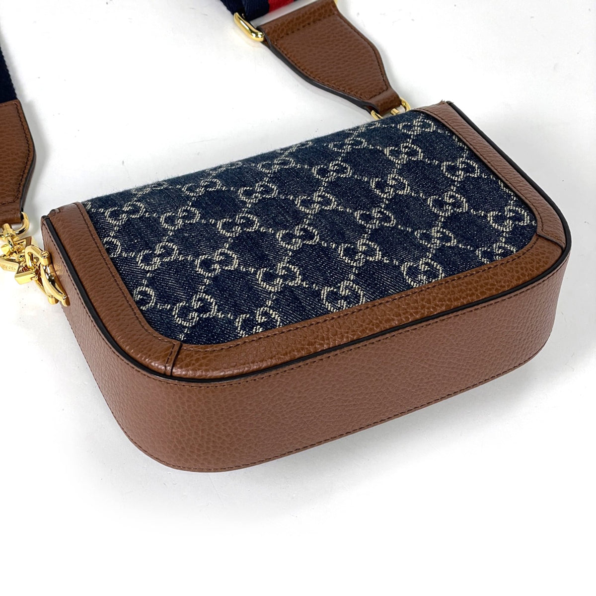 Gucci Horsebit Blue Brown Denim Leather Shoulder Bag (Pre-Owned)