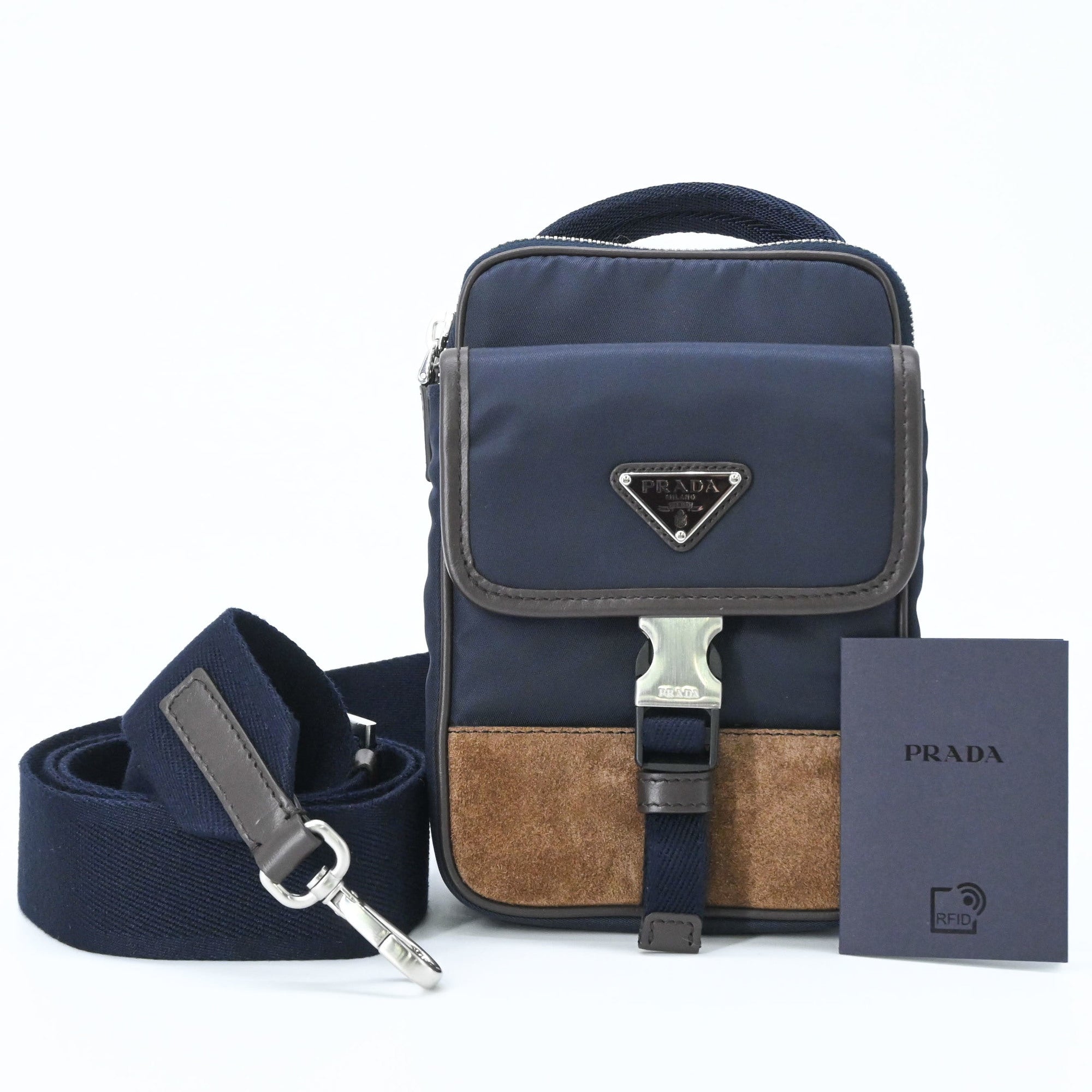 Prada Brown Navy Suede Nylon Shoulder Bag (Pre-Owned)