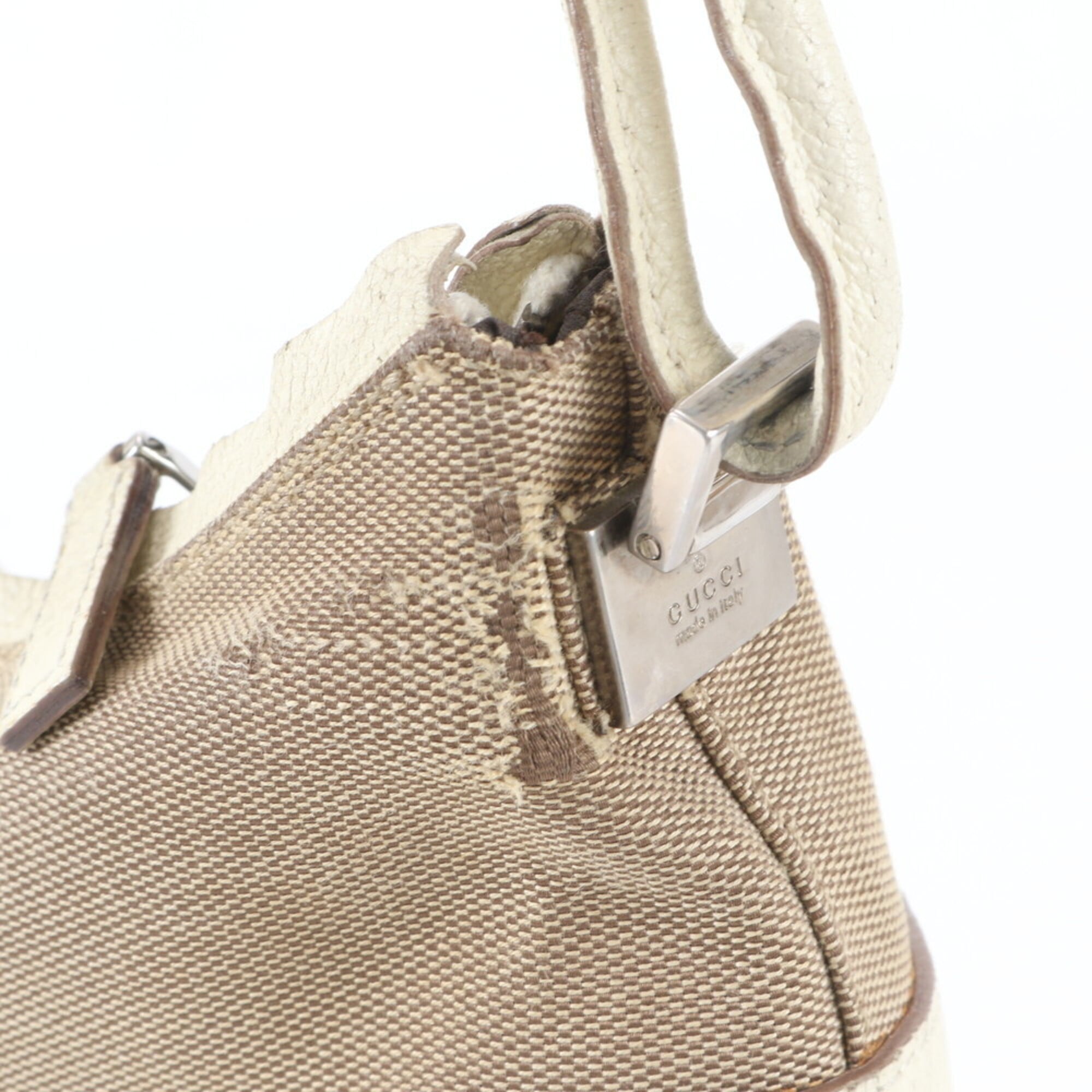 Gucci Beige Off-White Leather Canvas Shoulder Bag Tote Bag (Pre-Owned)