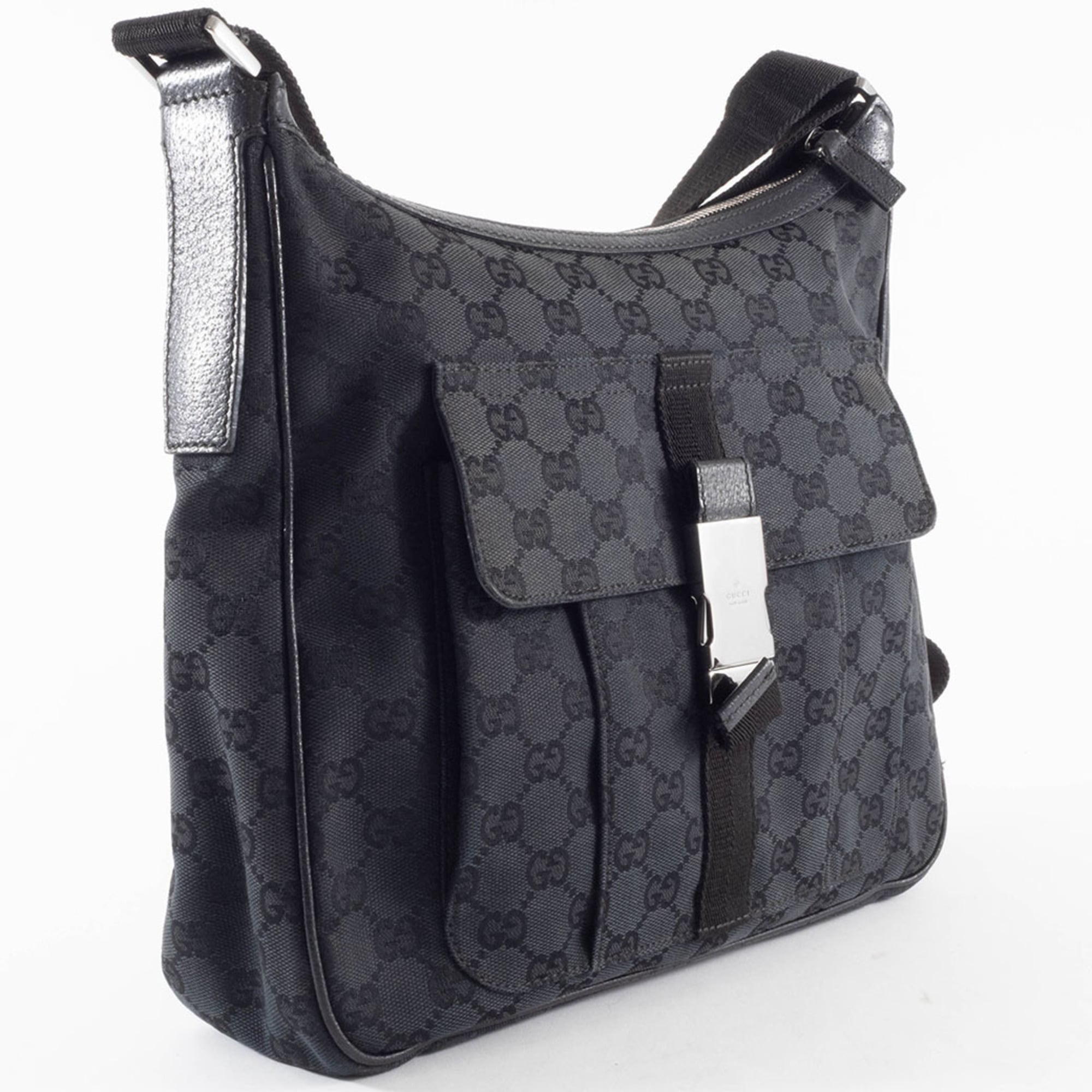 Gucci Black Gg Canvas Leather Shoulder Bag (Pre-Owned)