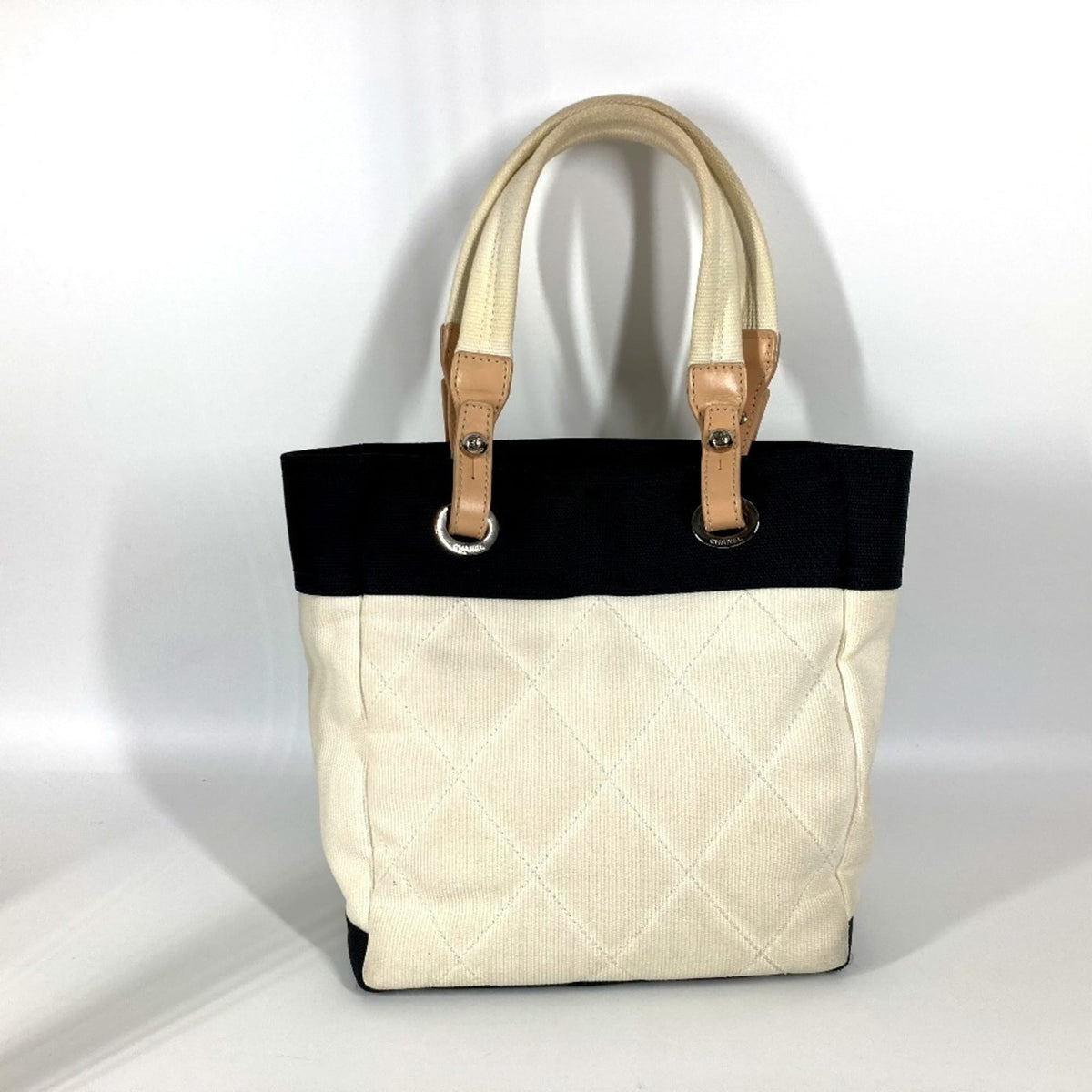 Chanel Black White Canvas Shoulder Bag Tote Bag (Pre-Owned)