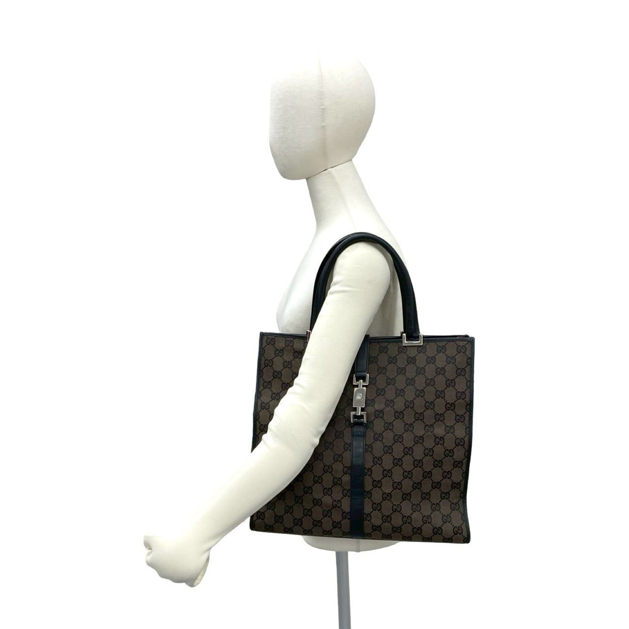 Gucci Black Brown Leather Canvas Boston Bag Handbag (Pre-Owned)