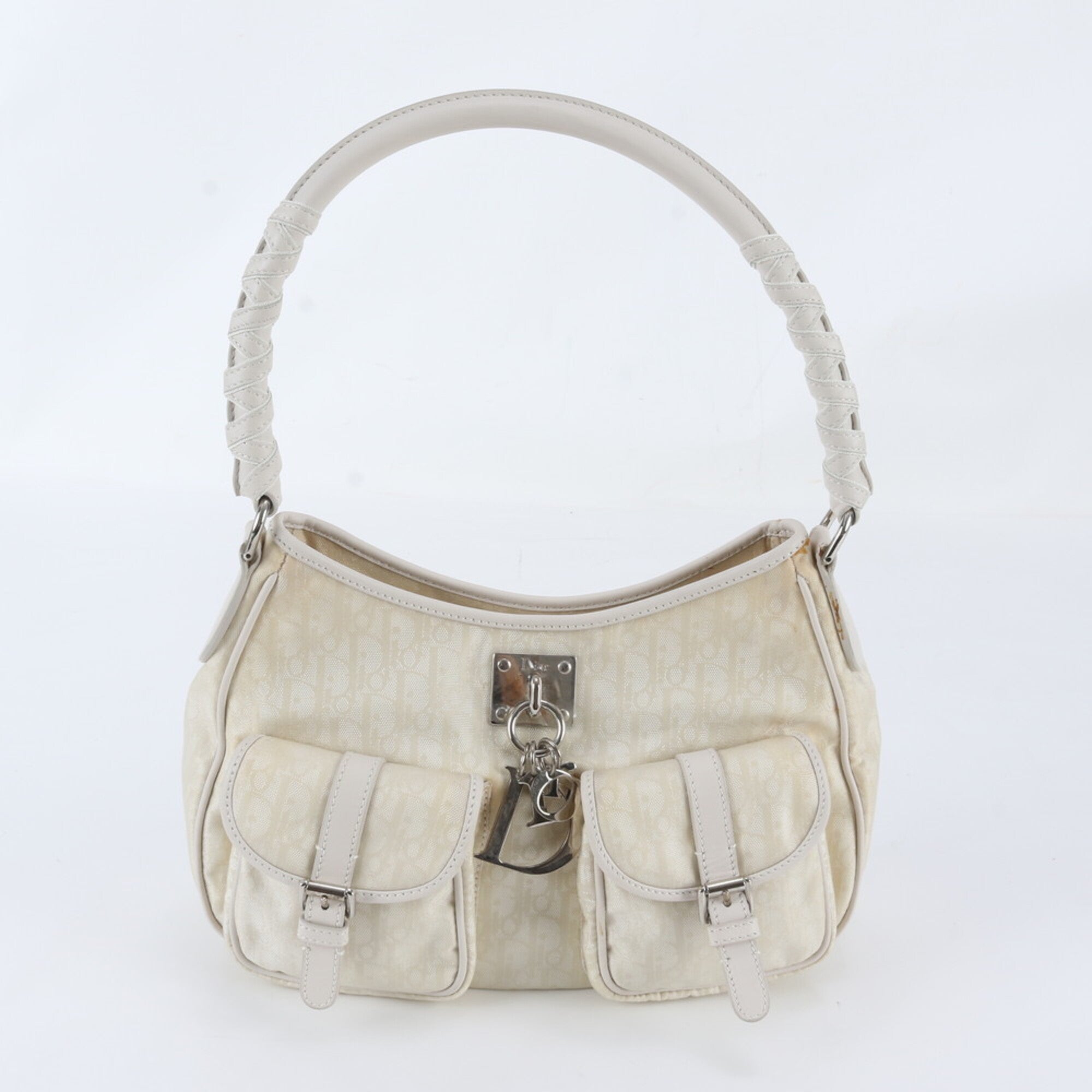 Christian Dior White Leather Nylon Handbag Shoulder Bag Tote Bag (Pre-Owned)