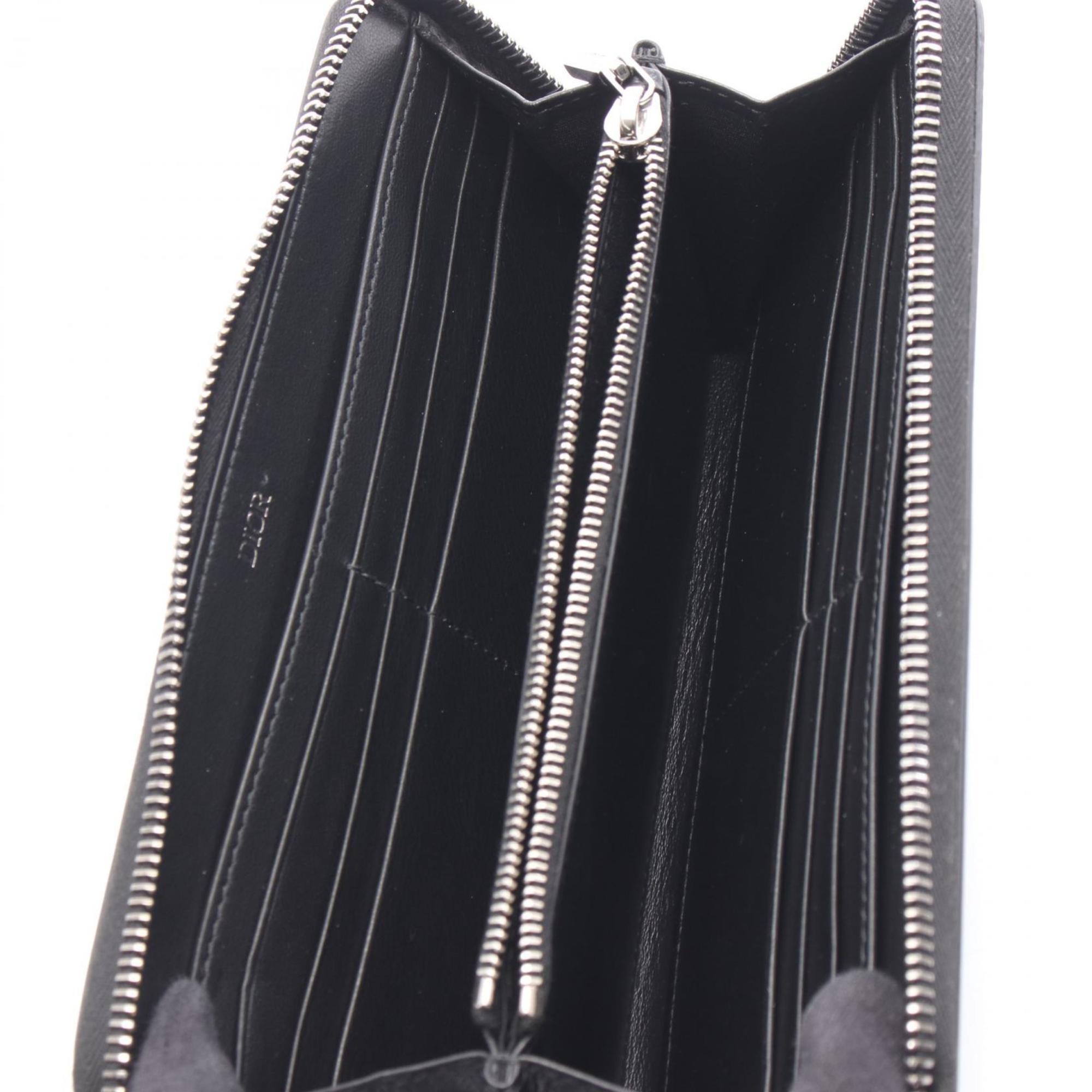 Christian Dior Black Gray Leather Long Wallet (Bi-Fold) (Pre-Owned)