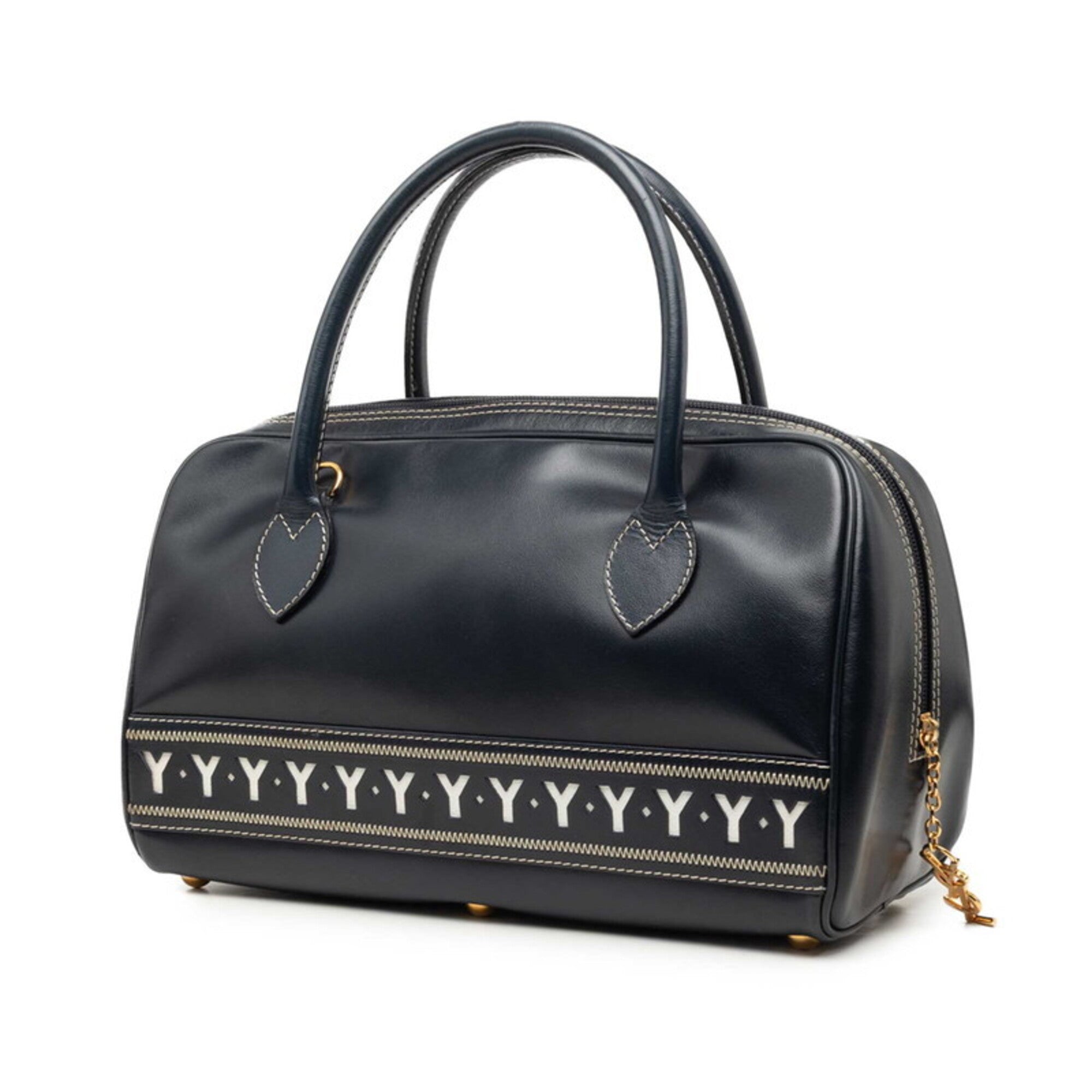 Saint Laurent Navy White Leather Boston Bag Handbag (Pre-Owned)