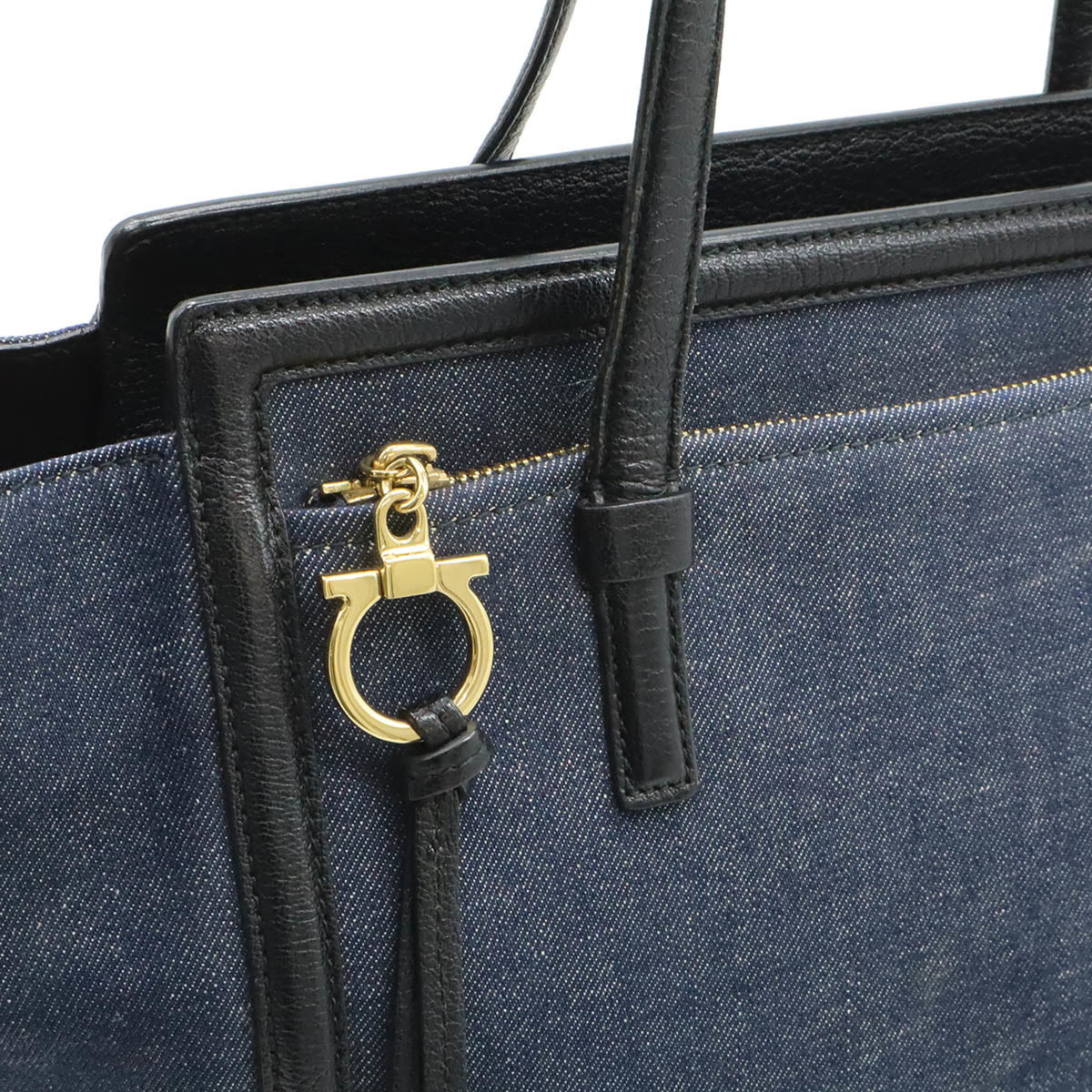 Salvatore Ferragamo Navy Black Denim Leather Shoulder Bag Tote Bag (Pre-Owned)