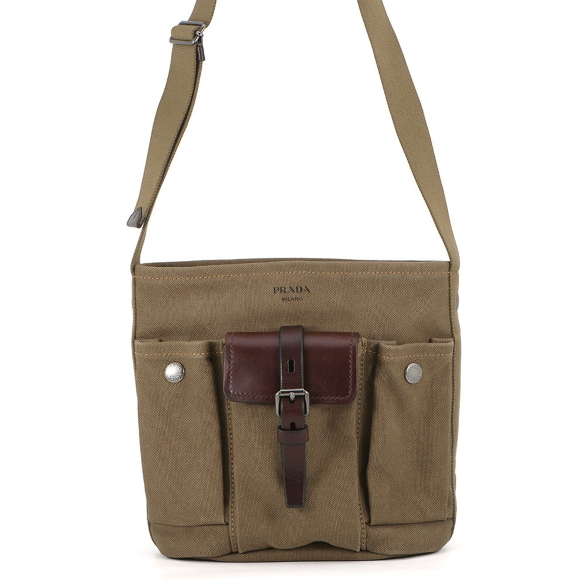 Prada Khaki Brown Canvas Leather Handbag Shoulder Bag (Pre-Owned)