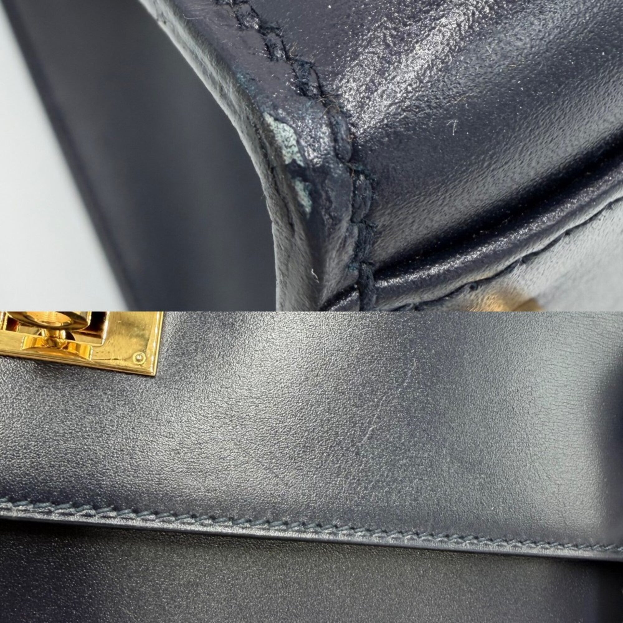 Hermes Kelly Navy Box Calf Leather Handbag Shoulder Bag (Pre-Owned)