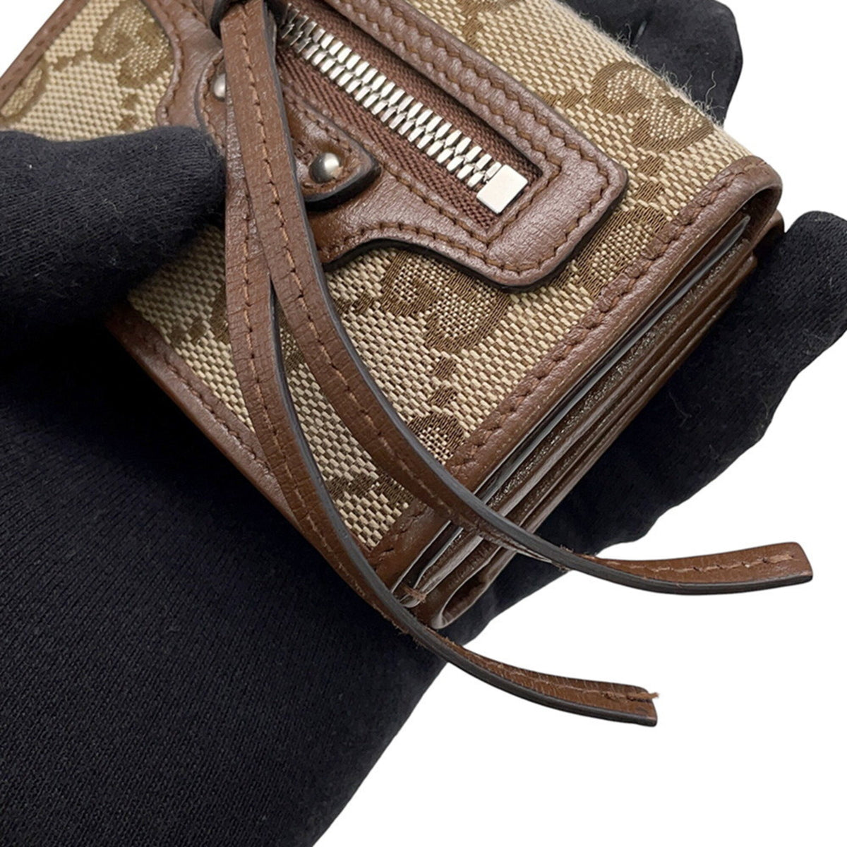 Gucci Beige Brown Canvas Leather Wallet (Tri-Fold) (Pre-Owned)