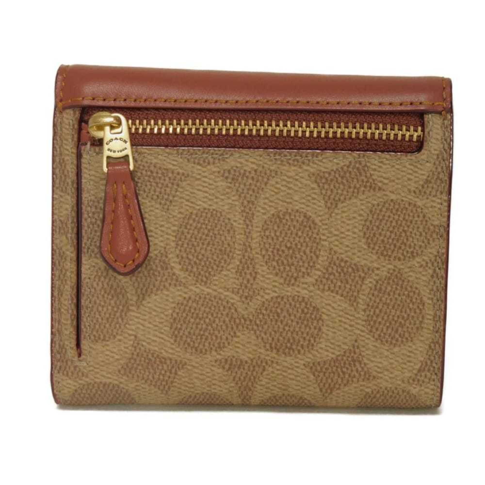 Coach Signature Beige Signature Line Coated Canvas Leather Wallet (Tri-Fold) (Pre-Owned)
