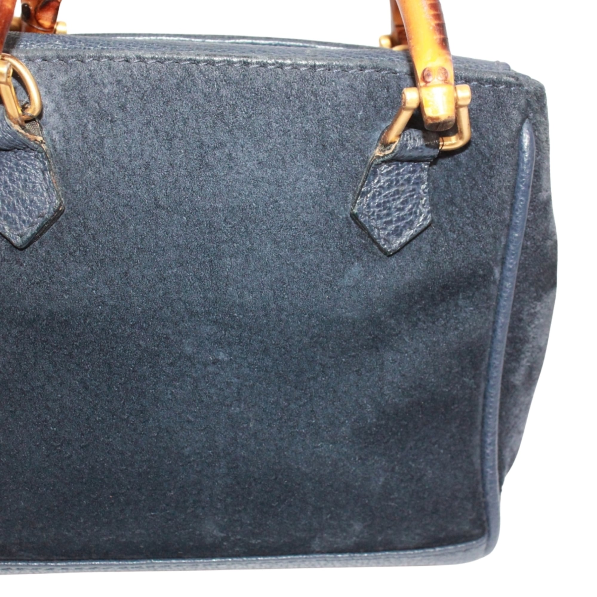 Gucci Navy Bamboo Leather Suede Shoulder Bag (Pre-Owned)