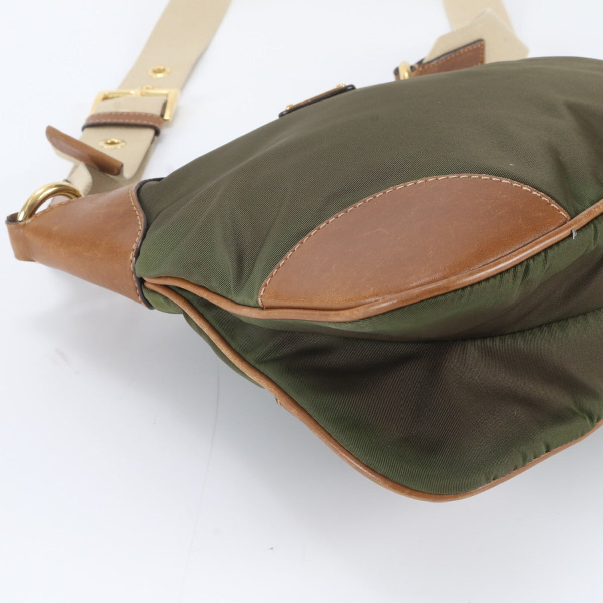 Prada Khaki Leather Nylon Messenger Bag Shoulder Bag (Pre-Owned)