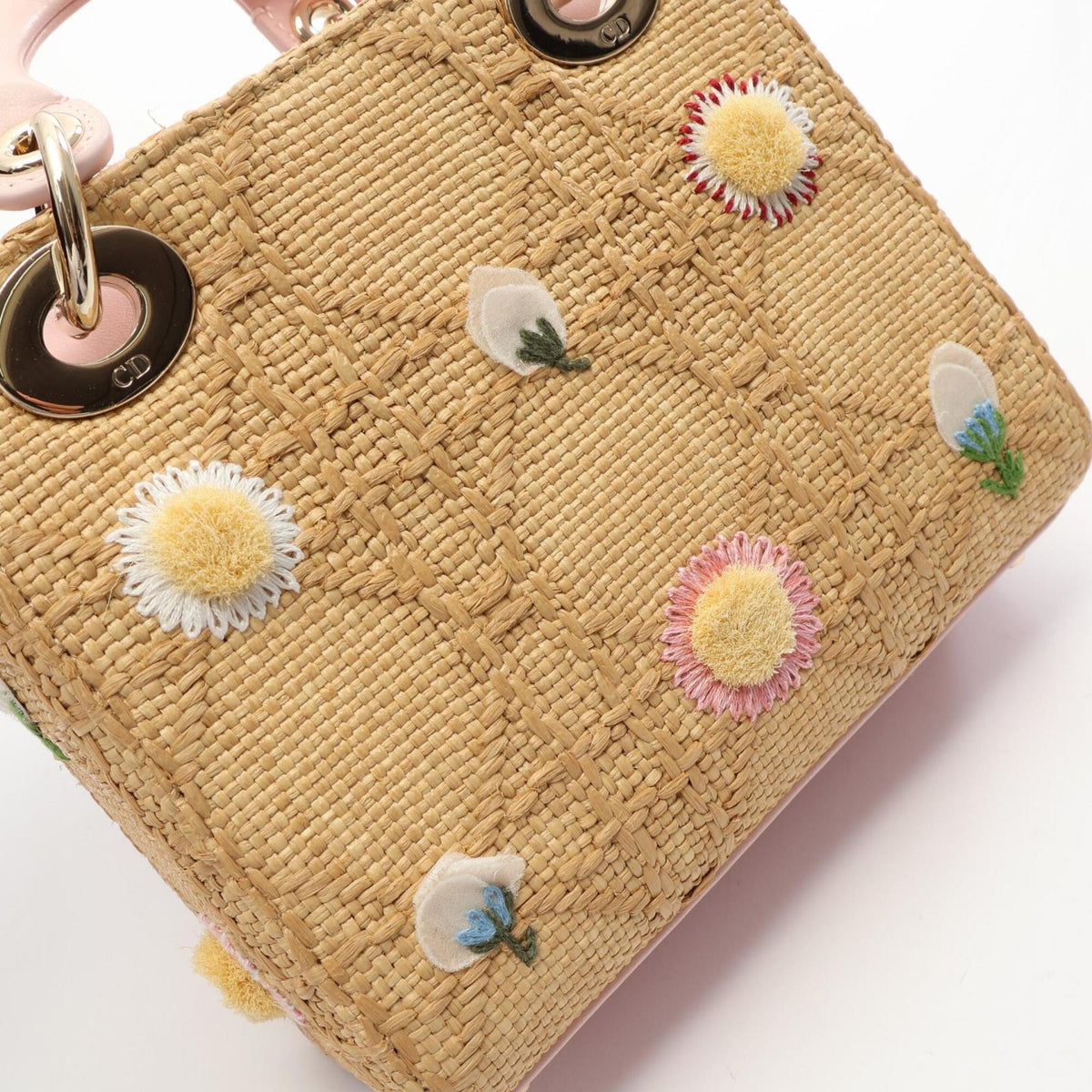 Christian Dior Beige Multi-Color Pink Leather Raffia Handbag (Pre-Owned)