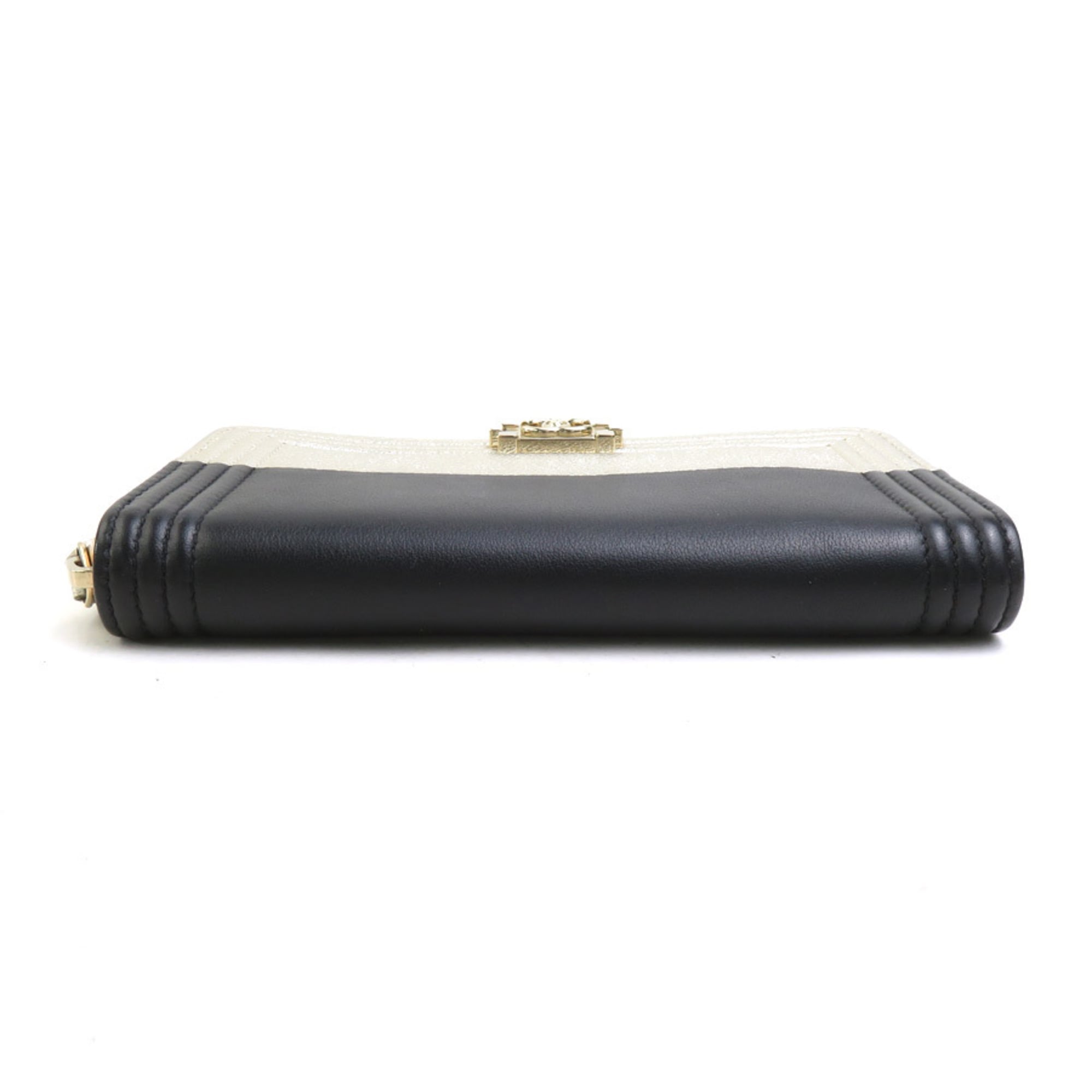 Chanel Gold Black Leather Long Wallet (Bi-Fold) (Pre-Owned)